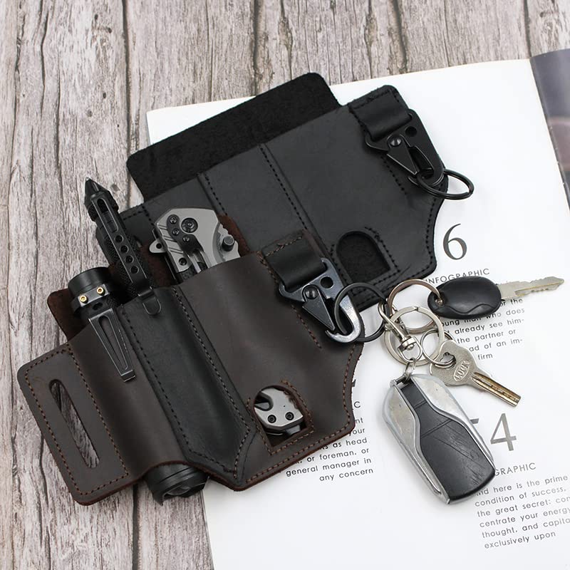 Premium Leather Multitool Sheath for Belt - EDC Pocket Organizer with Pen Holder, Key Fob & Flashlight Loop | Durable Leatherman Sheath for Men | Perfect for Camping, Hiking & Everyday Carry (Brown)