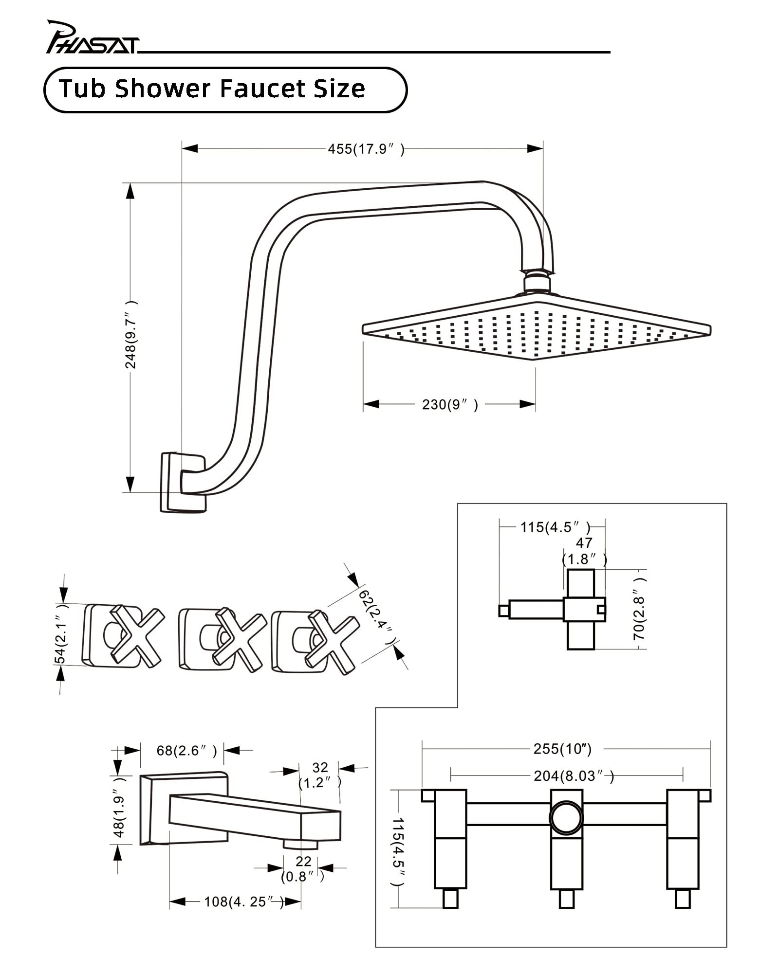 PHASAT 3-Handle Tub and Shower Faucet Set with 9