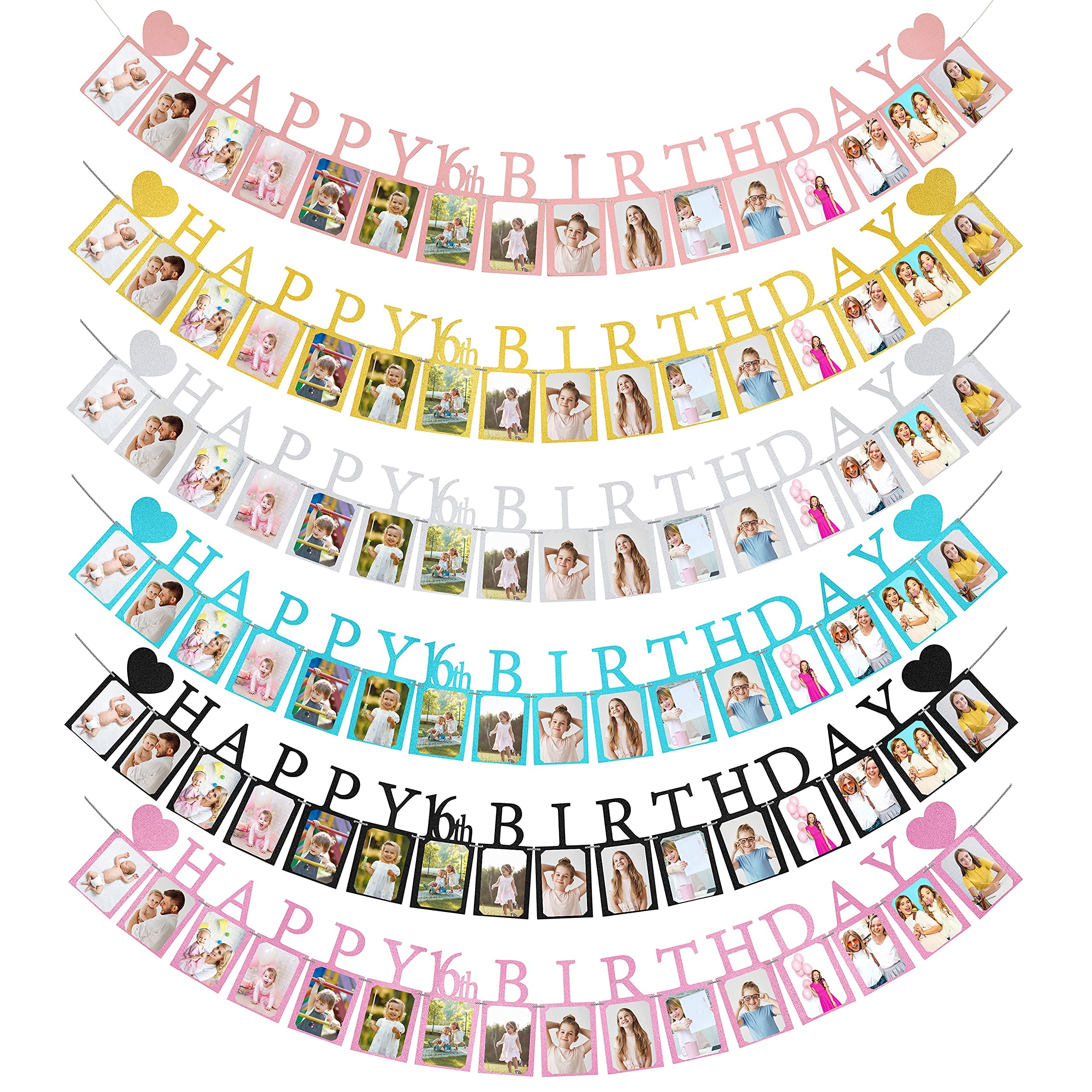 Sweet 16 Birthday Party Decorations - Purple Pre-Assembled Photo Banner with 16 Card Frames | Happy 16th Birthday Decor for Girls | Perfect for Sweet Sixteen Parties, Photo Booths & Milestone Celebrations