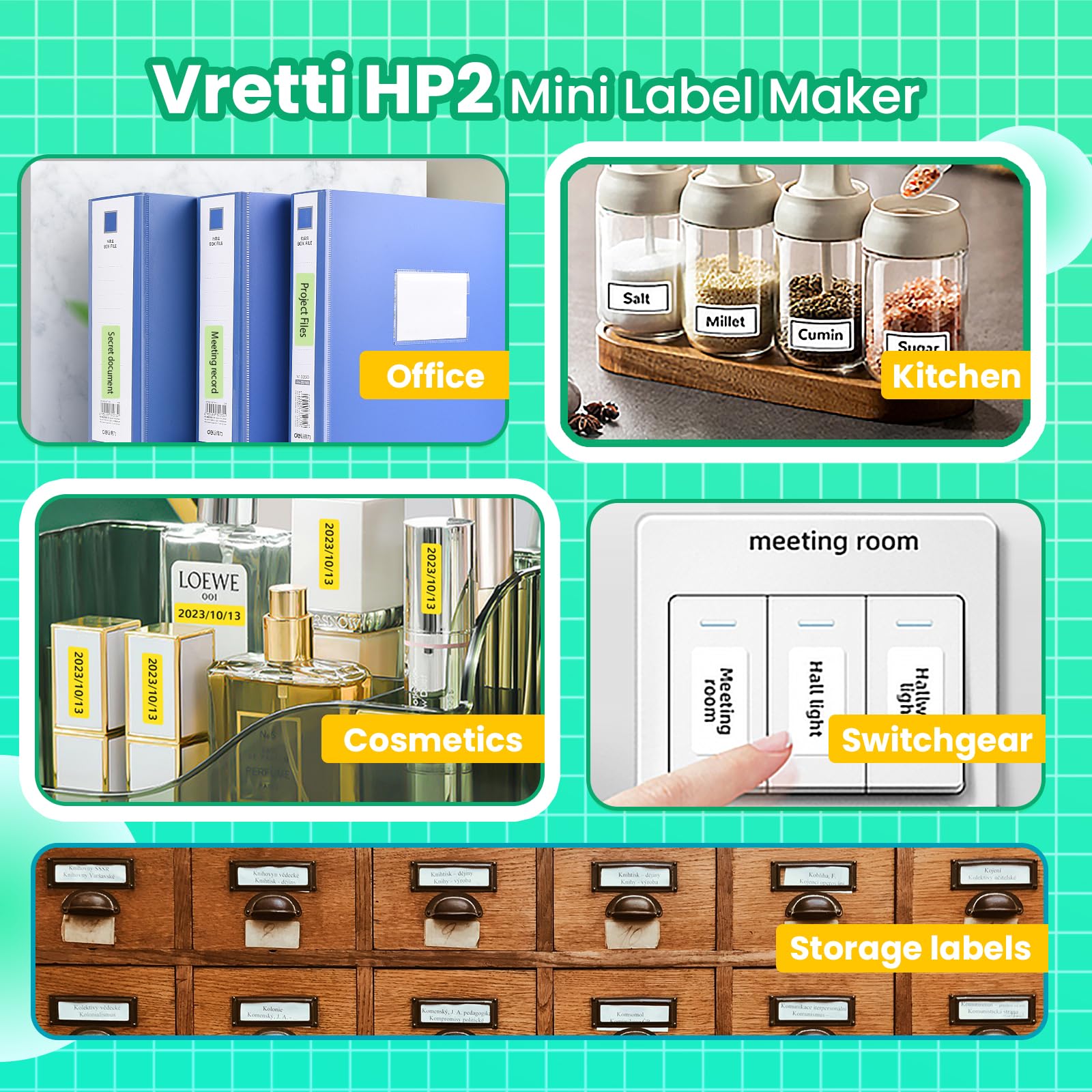 Vretti HP2 Portable Bluetooth Label Maker Machine with Tape - Mini Sticker Printer for Home Office, Shipping, Barcode & Storage Organization - Multiple Templates Included (Green) | Perfect for Pantry Labels, Moving Boxes & Craft Projects