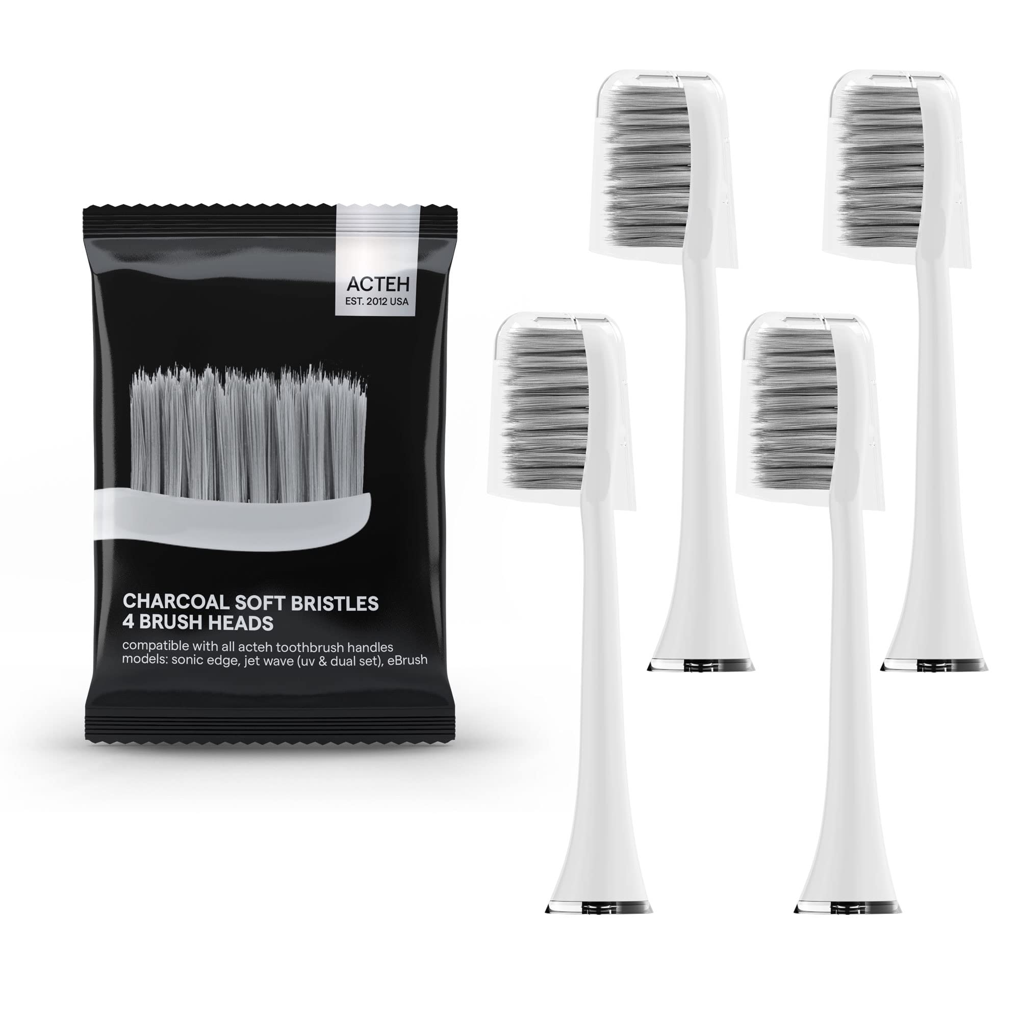 Acteh Charcoal Coated Bamboo Toothbrush Replacement Heads - Compatible with Acteh, JetWave UV, Sonic Edge & eBrush Electric Toothbrushes | Eco-Friendly Dental Care for Whitening & Plaque Removal
