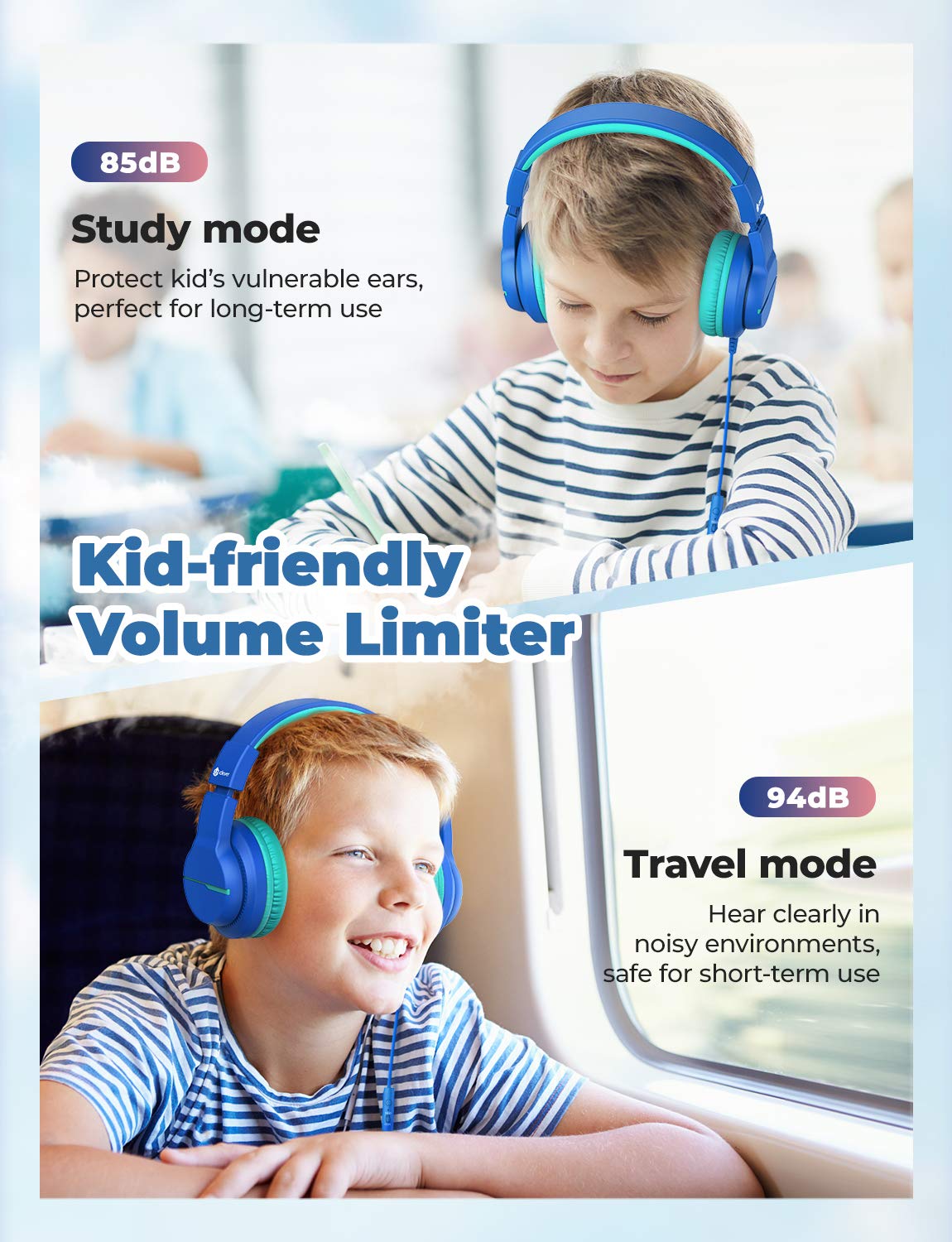 iClever Kids Headphones with Volume Limiter (74/85dB) - Stereo Over-Ear Wired Headset with Built-in Mic for School, Travel & Online Learning - Compatible with iPad, Computer, Laptop - Foldable Design (2 Pack) - Perfect for Classroom, Airplane & Homeschooling