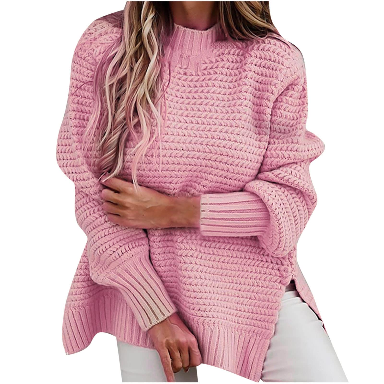 Women's Oversized Cable Knit Sweater - Loose Fit Long Sleeve Crewneck Pullover with Side Slits | Warm Winter Jumper for Casual Outfits & Holiday Gatherings