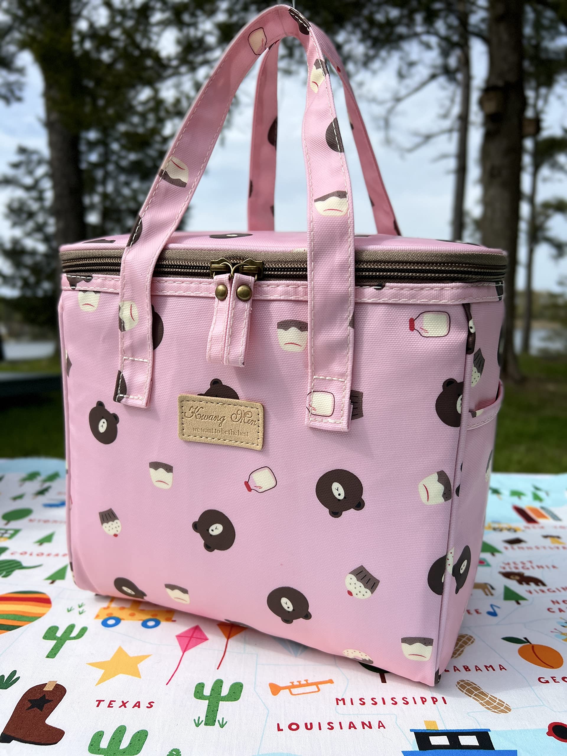 Insulated Lunch Bag for Women - Reusable Lunch Box Cooler for Office, Picnic, Beach & Camping | Large Waterproof Fabric Lunch Tote | Lightweight & Durable | Perfect Gift for Outdoor Activities (Pink Candy Bear) | Use for Work, School, Travel & Hiking