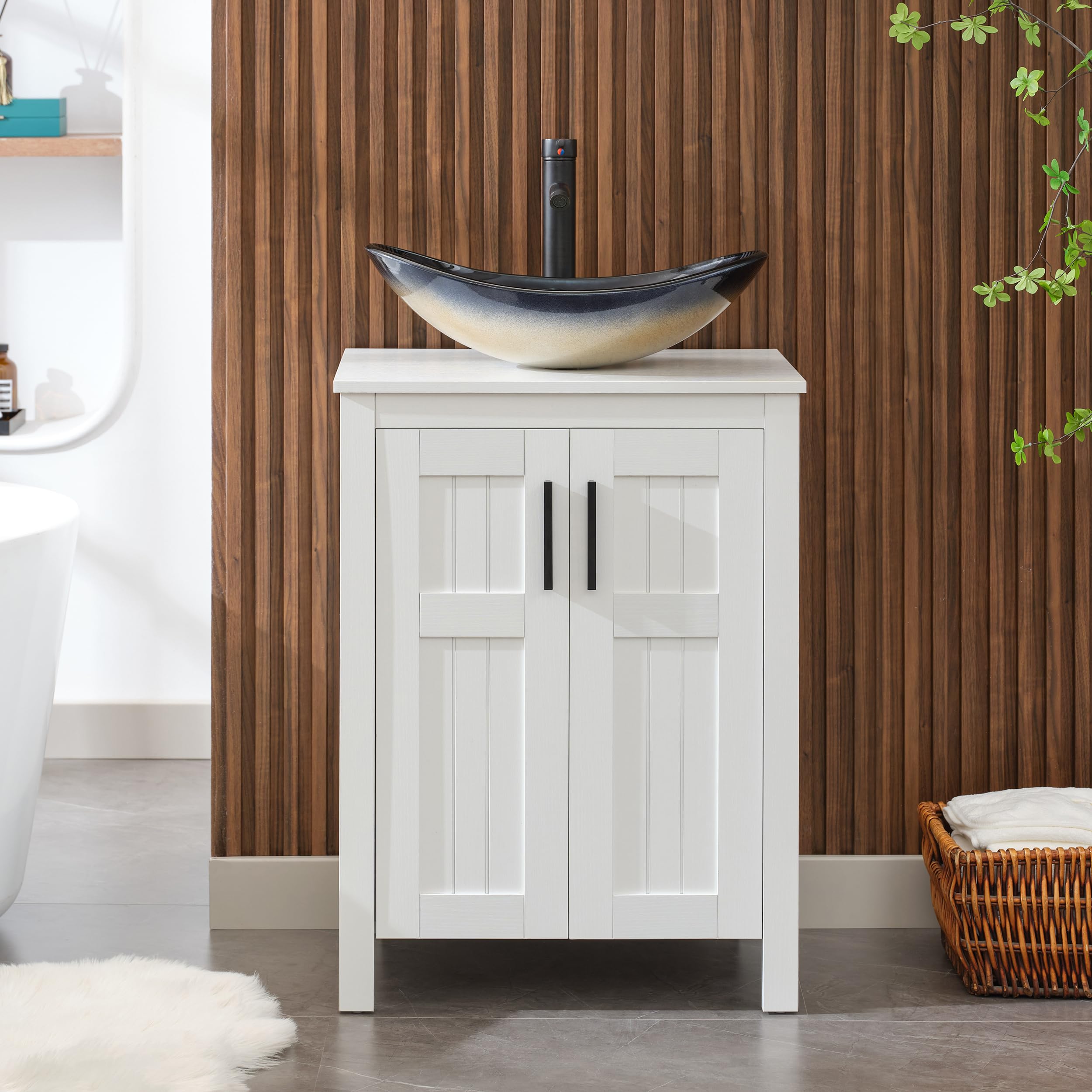 24 Inch White UEV Freestanding Bathroom Vanity with Champagne Boat Glass Vessel Sink - Modern Double Door Vanity Cabinet with Grooved Design & Metal Handles - Perfect for Small Bathrooms, Powder Rooms & Contemporary Home Decor