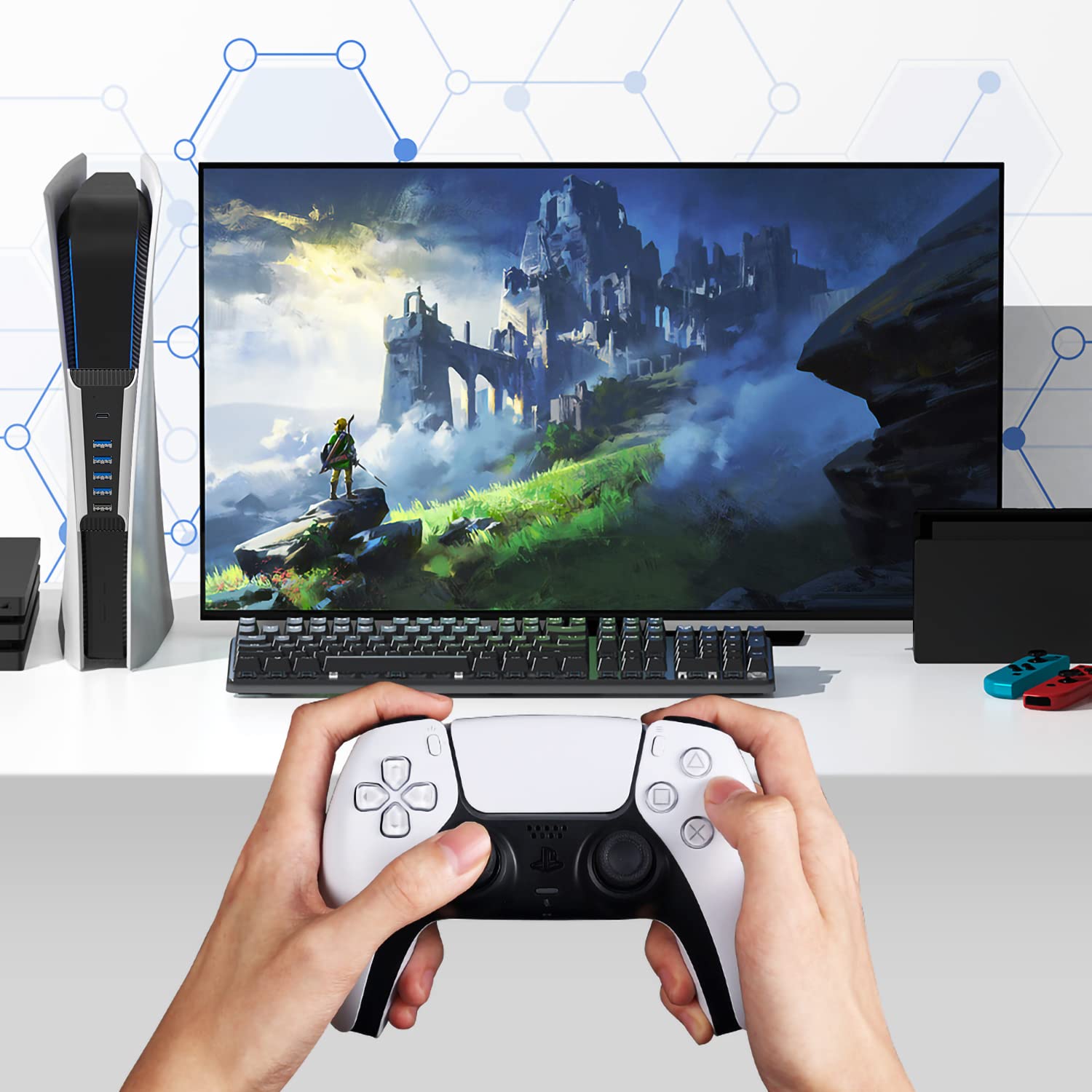 5-in-1 USB Hub for PS5 Console | High-Speed USB 3.0 Port Expander with 4 USB Ports & 1 USB-C Port | Perfect for Gaming Accessories, Controllers & External Storage | Compatible with PlayStation 5