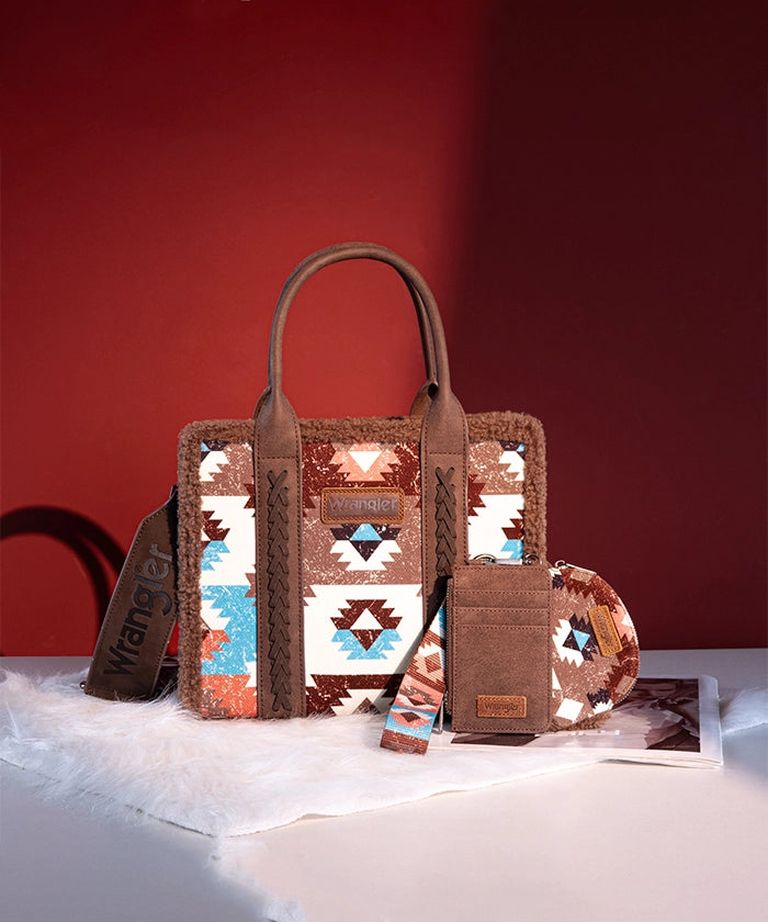Wrangler Aztec Sherpa Trim Crossbody Purse Set for Women - Stylish Boho Shoulder Bag with Fringe Detail - Perfect for Casual Outings, Music Festivals & Travel Accessories