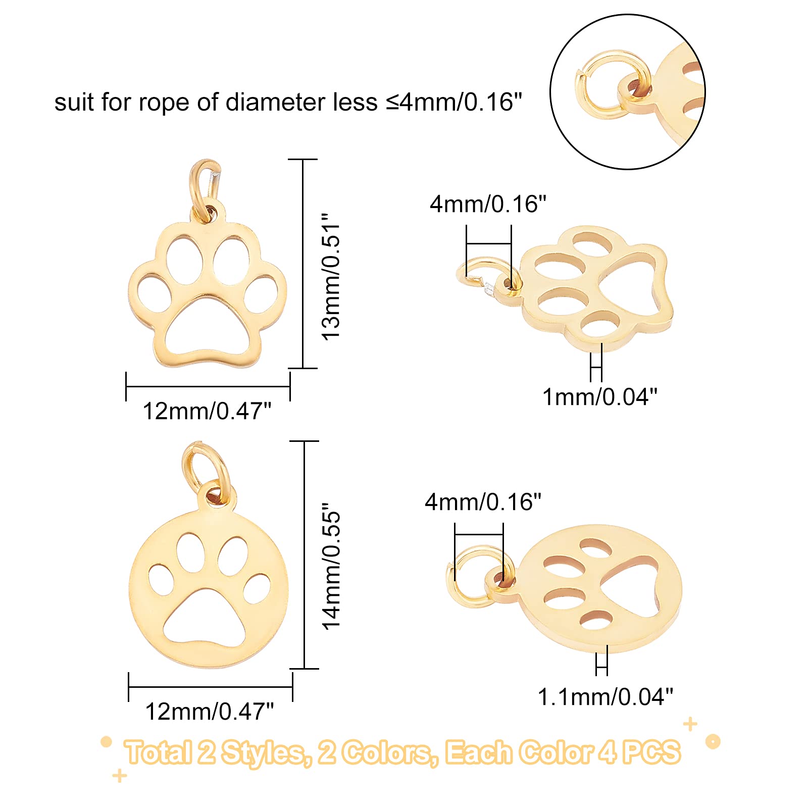UNICRAFTALE Gold & Silver Dog Paw Print Charms - Stainless Steel Jewelry Making Supplies for DIY Bracelets, Necklaces & Keychains - Perfect for Pet Lovers and Craft Enthusiasts