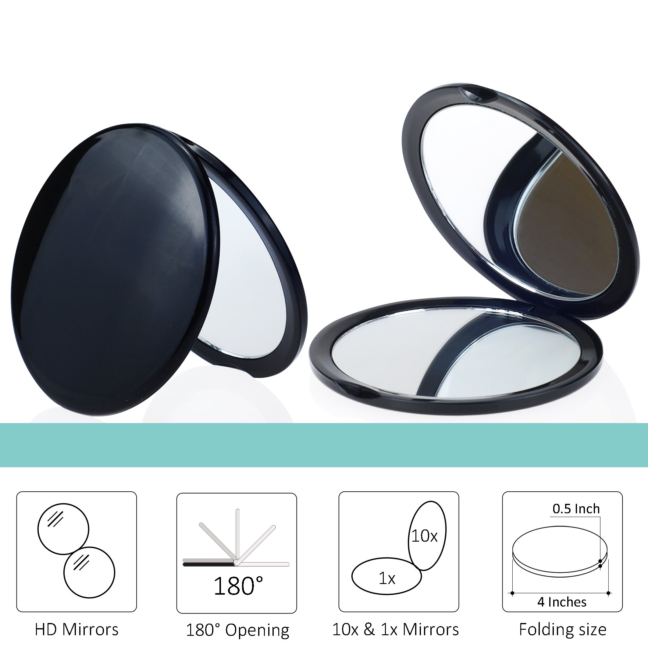 10x Magnification Makeup Mirror with Dual Side - Black Compact Mirror for Travel, Home & Professional Makeup Artists | Portable & Lightweight for Perfect On-the-Go Touch Ups