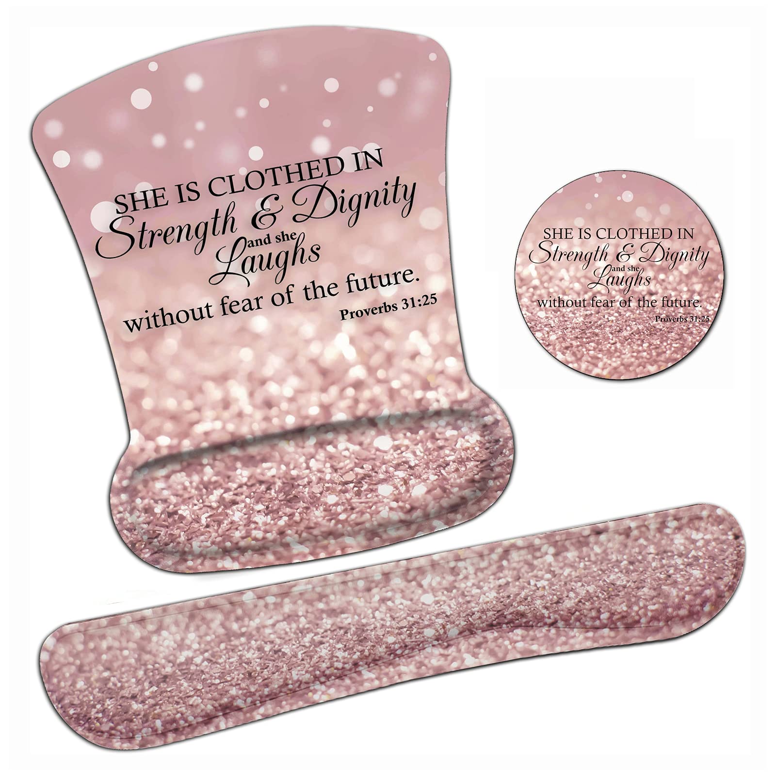 Ergonomic Mouse Pad with Wrist Support & Keyboard Wrist Rest Set - Pink Glitter Bible Verse Design (Proverbs 31:25) for Laptop, Mac, Gaming & Office Use - Durable Comfort for Pain Relief & Includes Bonus Coaster - Perfect for Long Work Hours, Typing & Computer Sessions