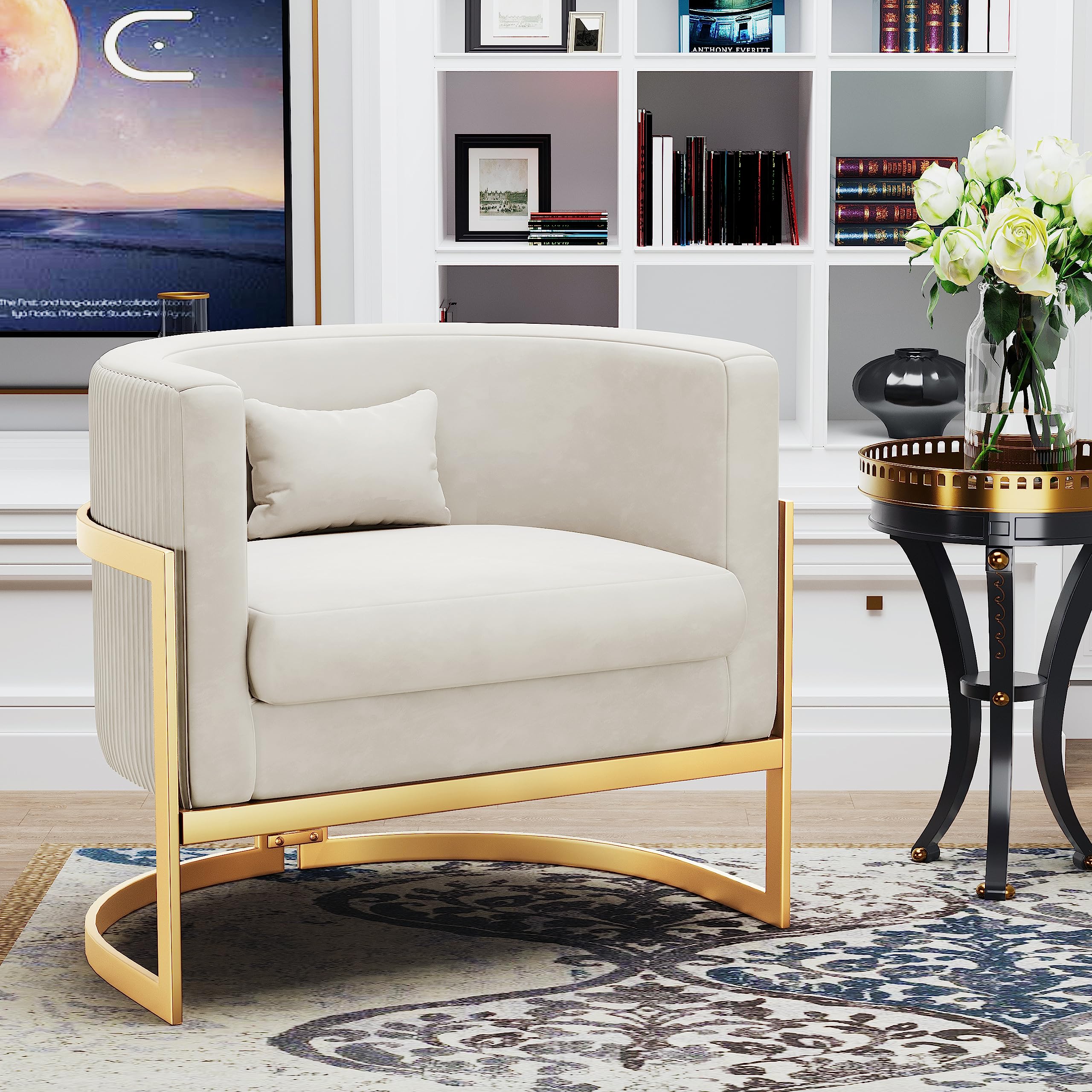 Velvet Accent Chair with Gold Legs - Modern Upholstered Barrel Armchair for Living Room, Bedroom & Office - Soft Club Side Chair in Ivory for Relaxing & Home Decor