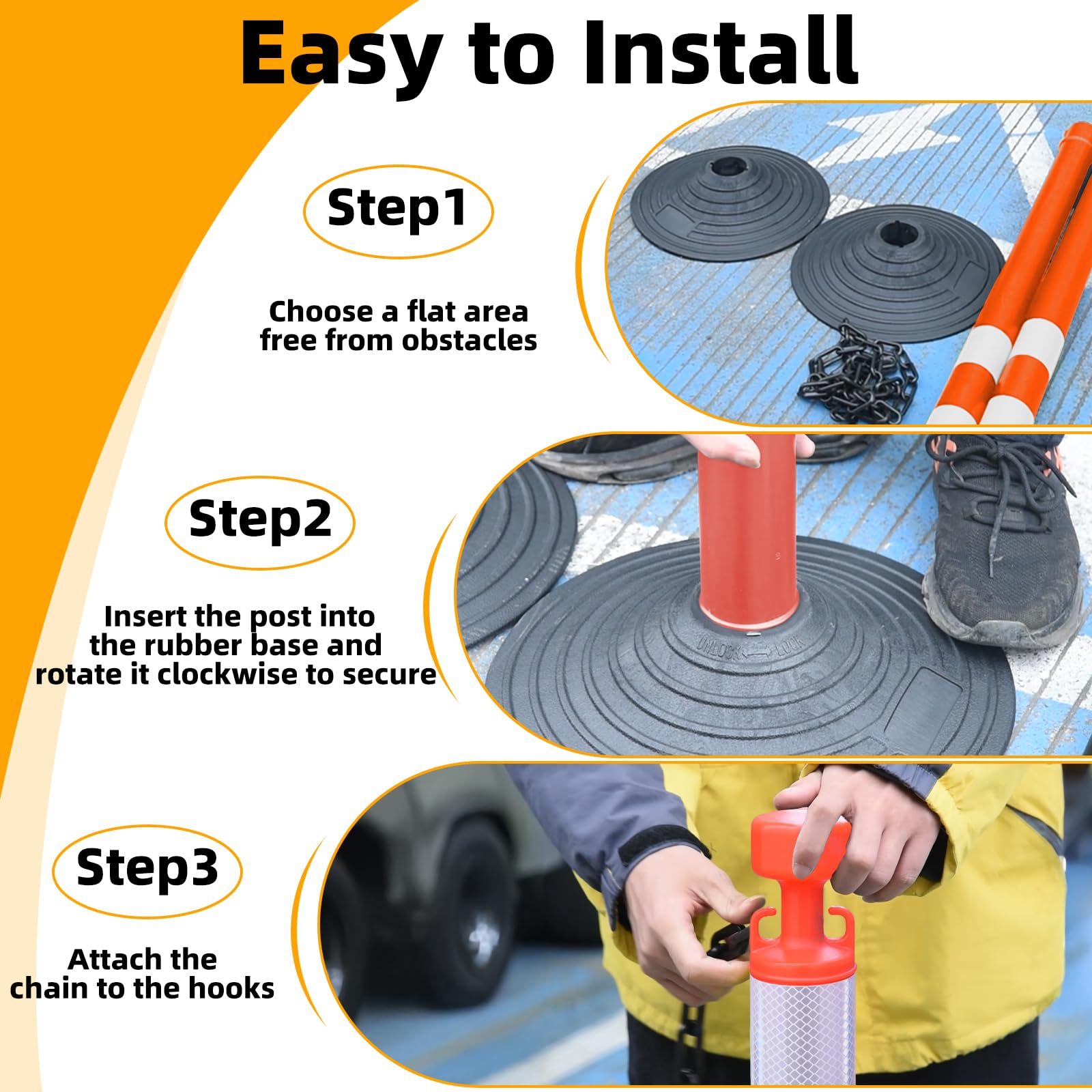 6 Pack 39 Inch Red Traffic Delineator Posts with 2 White Reflective Collars - Safety Cones with 6.6 Feet Chains & 14 Inch Rubber Base for Road Safety, Parking Lots, Construction Zones & Driveway Marking (Red)