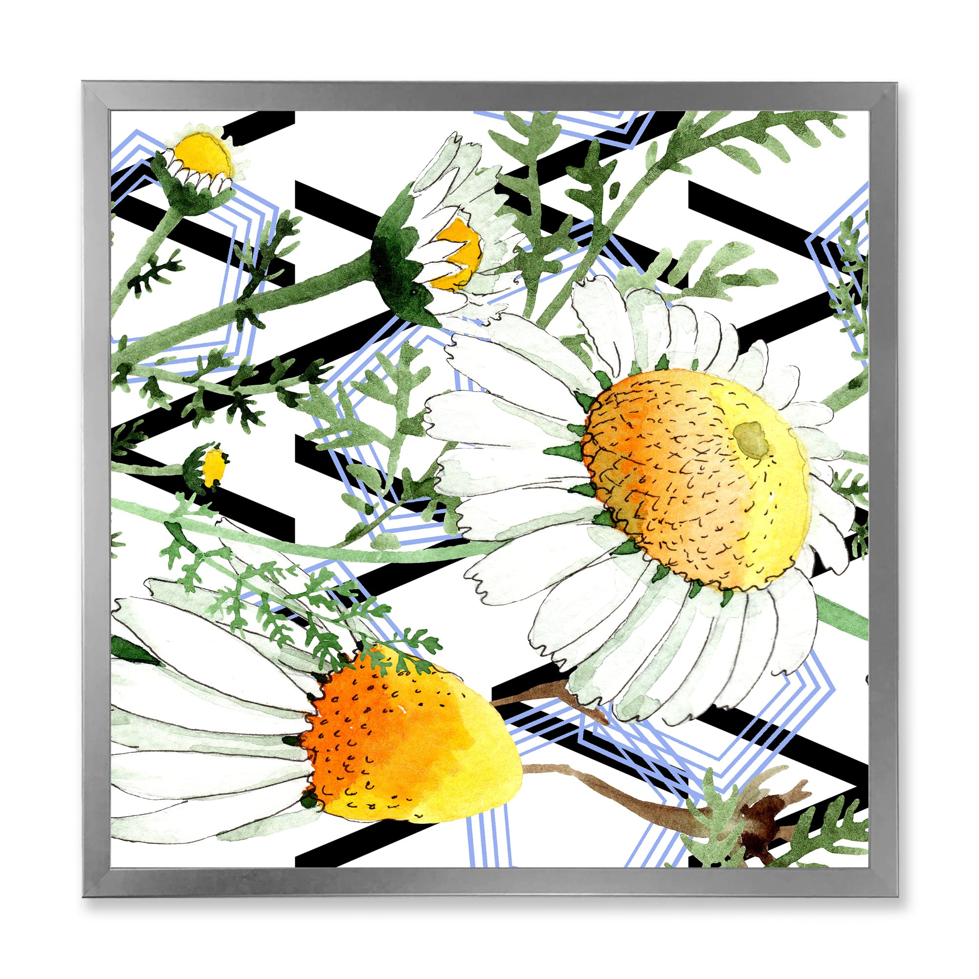 Wild Spring Chamomile Flowers Geometric Traditional Framed Wall Art - Perfect for Living Room, Bedroom & Office Decor