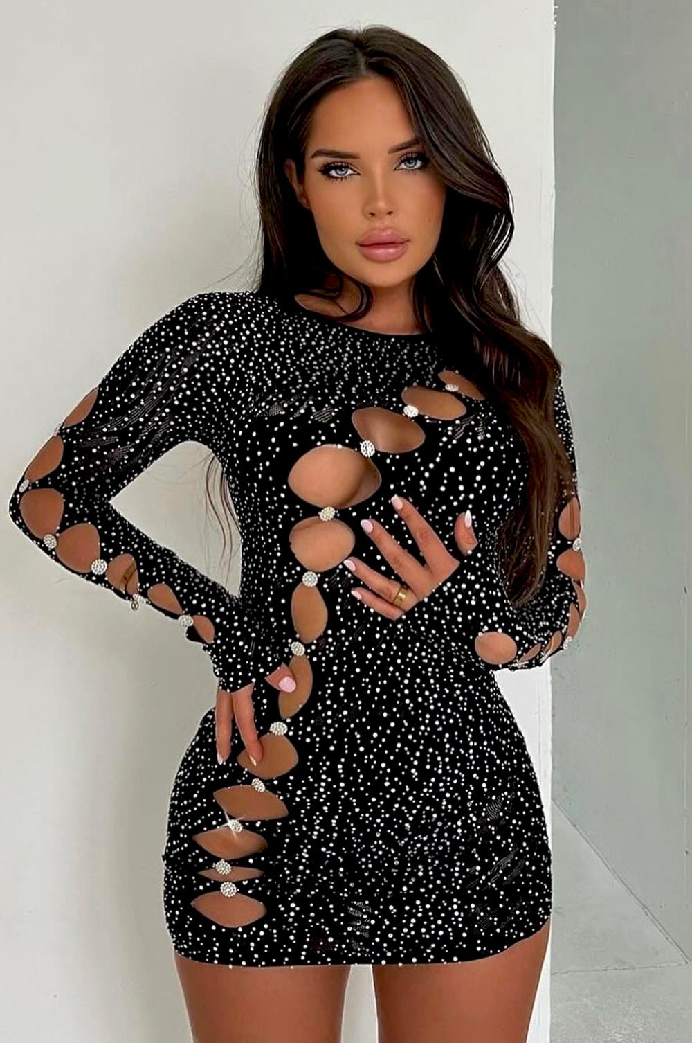 Black Rhinestone Studded Cut Out Long Sleeve Seamless Bodycon Dress for Women - Perfect for Evening Parties, Club Wear, and Special Occasions