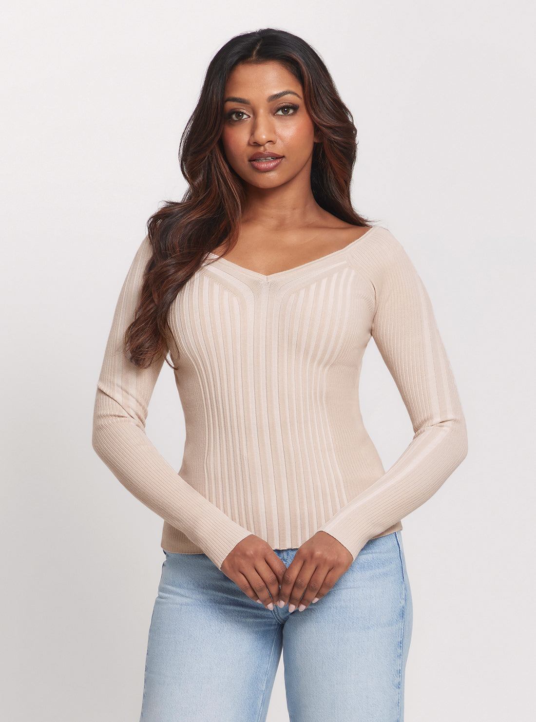 Beige Allie Long Sleeve Knit Top for Women - Soft Comfortable Turtleneck Sweater for Fall & Winter - Perfect for Office, Date Night and Casual Outfits