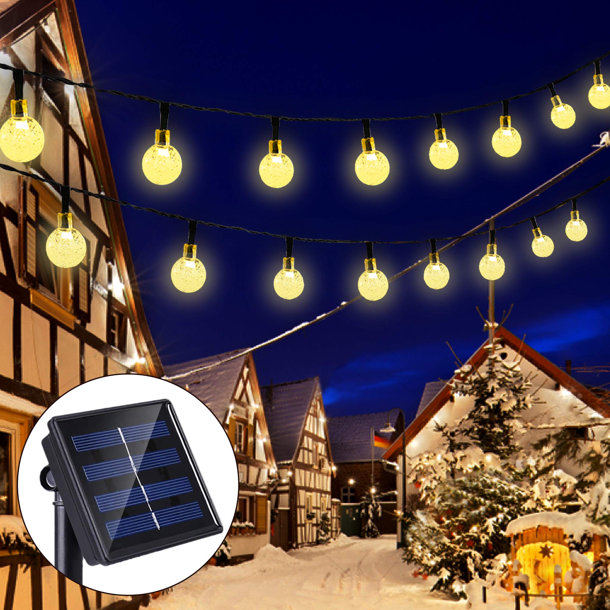 33ft 60 LED Solar String Lights Outdoor Waterproof Crystal Ball Fairy Lights - 8 Lighting Modes, Warm White for Patio, Garden, Wedding, Party, Yard & Holiday Decorations (Perfect for Backyard, Landscape, Christmas, Halloween & Special Events)