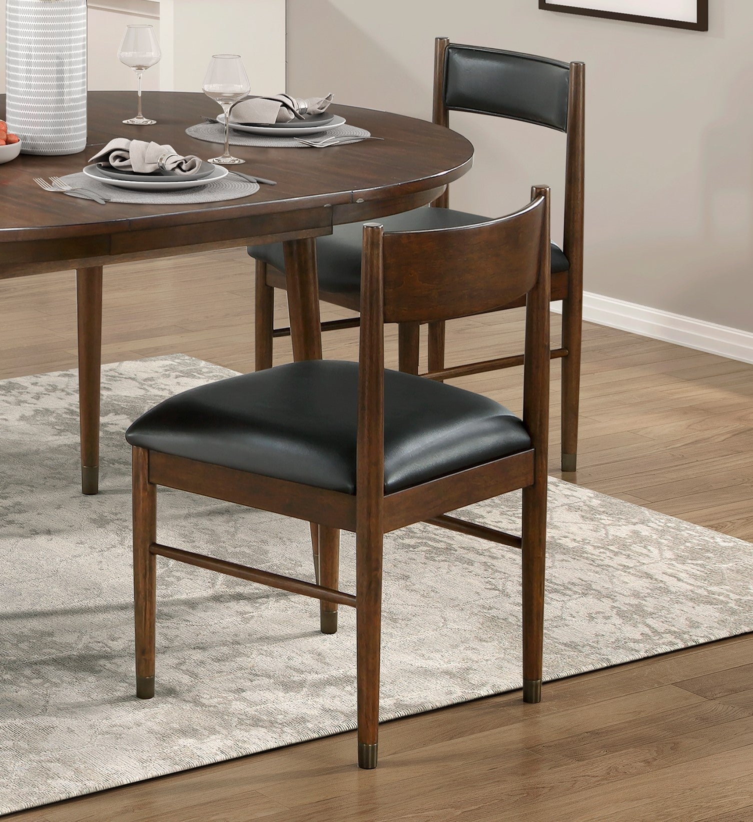 Set of 2 Black Leather Upholstered Side Chairs - Modern Contemporary Cherry Finish Wooden Dining Chairs for Home, Office & Restaurant Decor
