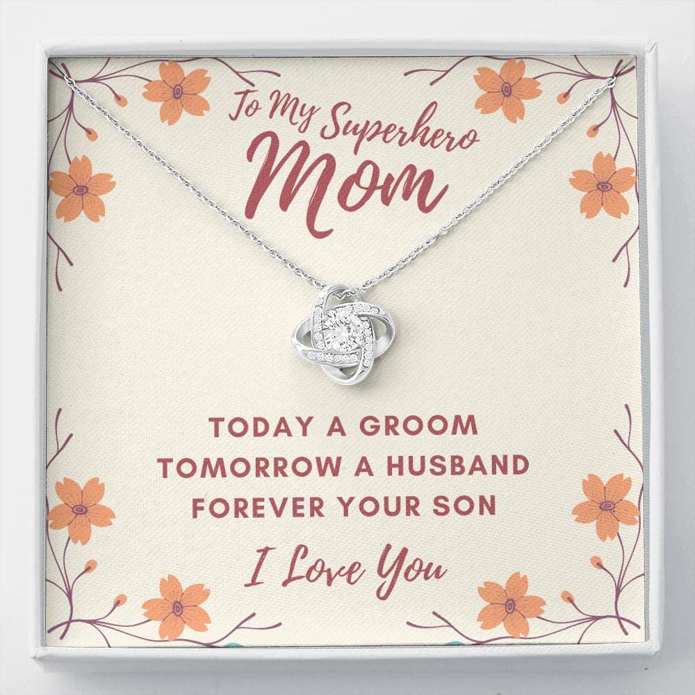 Personalized 'To My Superhero Mom' Love Knot Necklace with Heart Diamond Charm - Forever Your Son Message Card & Gift Box - Perfect Mother's Day, Birthday & Anniversary Jewelry Gift