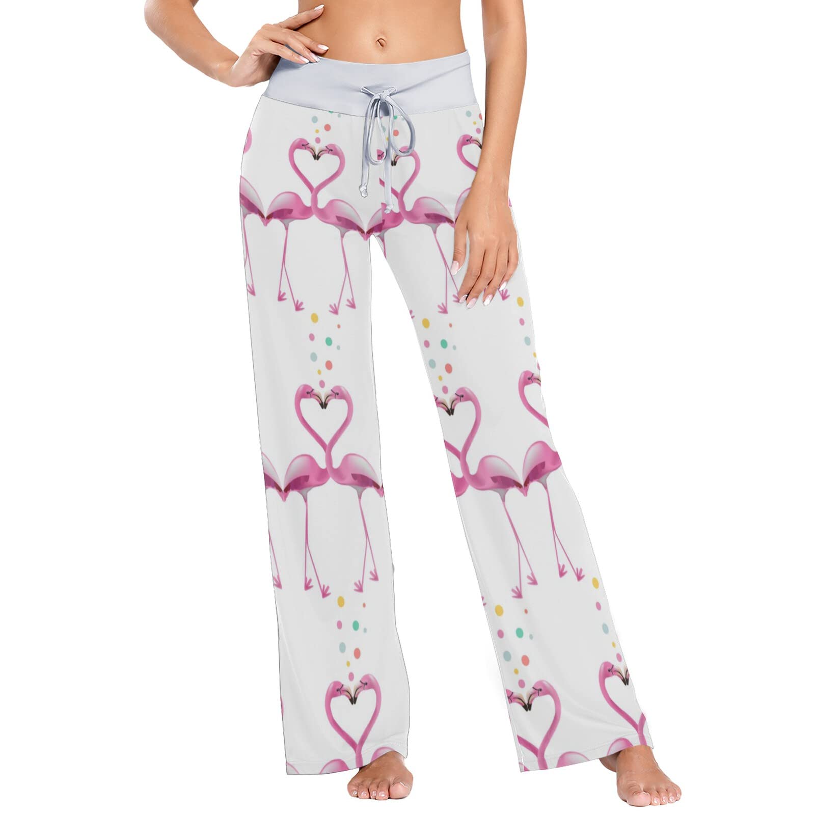 **Women's Flamingo Print Watercolor Pajama Pants - Soft Stretchy Wide Leg Lounge Pants with Heart Design - Perfect for Sleepwear, Loungewear & Relaxing at Home**