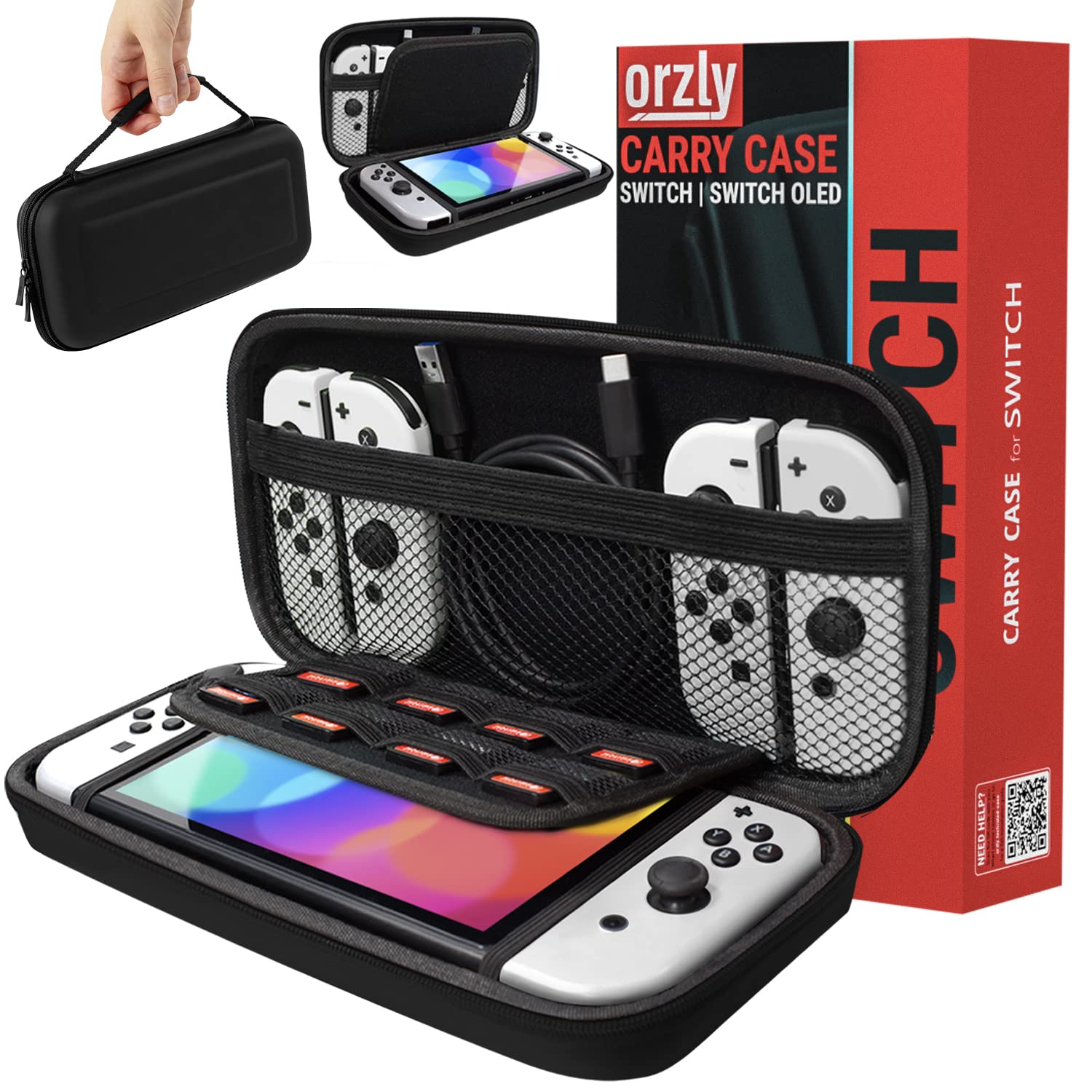 Orzly Protective Hard Travel Carry Case for Nintendo Switch & Switch OLED - Black Portable Shell Pouch with Storage Pockets for Accessories & Games | Perfect for Travel, Commuting & Gaming On-The-Go