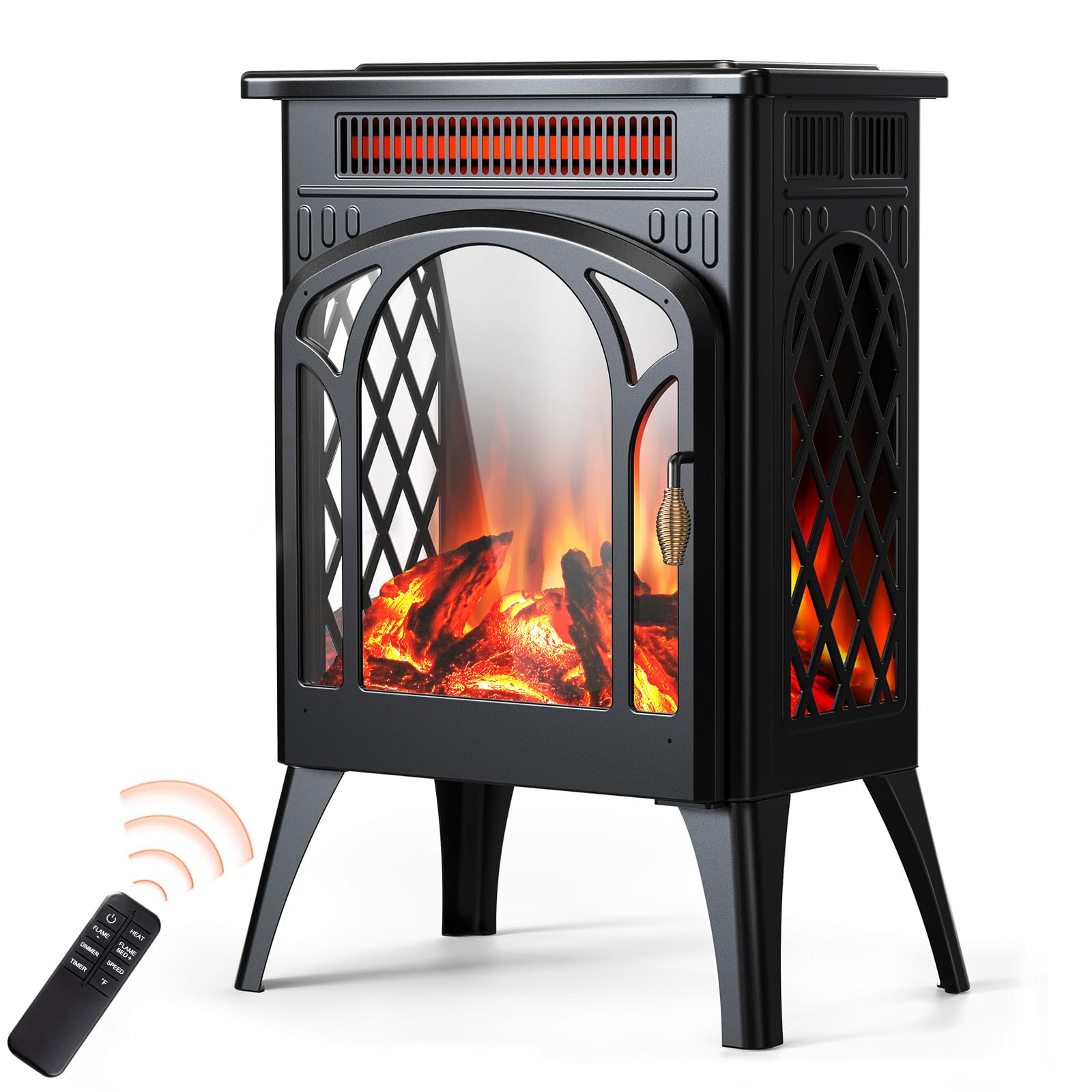 Rintuf 1500W Small Electric Fireplace Heater with 3D Flame Effect - Adjustable Thermostat, 8H Timer & Remote Control - Freestanding Infrared Space Heater for Large Rooms - Perfect for Living Room, Bedroom & Office Indoor Heating