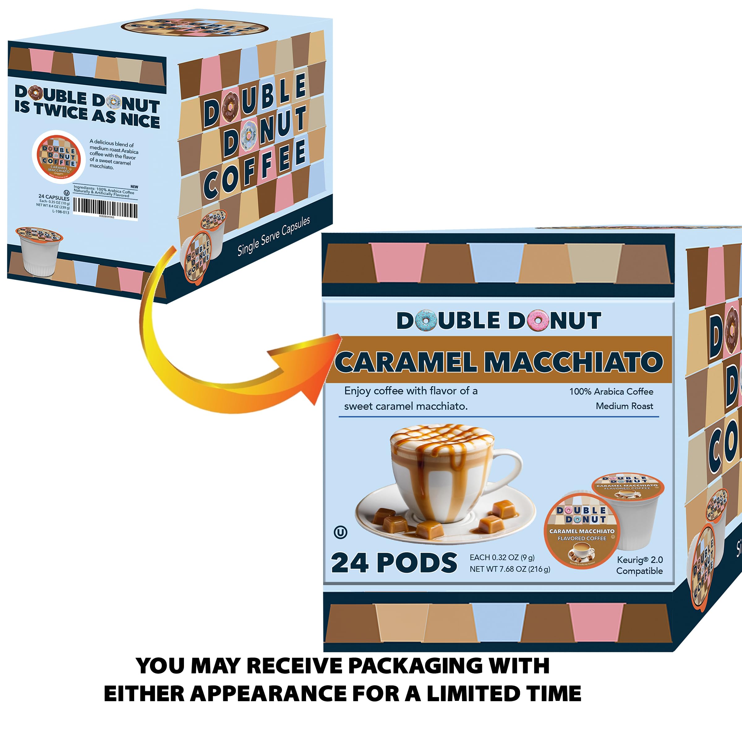 Double Donut Flavored Coffee Pods - Caramel Macchiato & Caramel Coffee for Keurig K-Cups | Medium Roast, Recyclable Pods (24 Count) | Perfect for Office, Home & Gift Giving