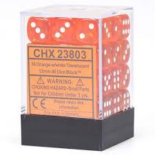 Chessex 36-Piece Orange Translucent 12mm D6 Dice Set with White Pips - Perfect for Dungeons & Dragons, Board Games, and Tabletop RPGs