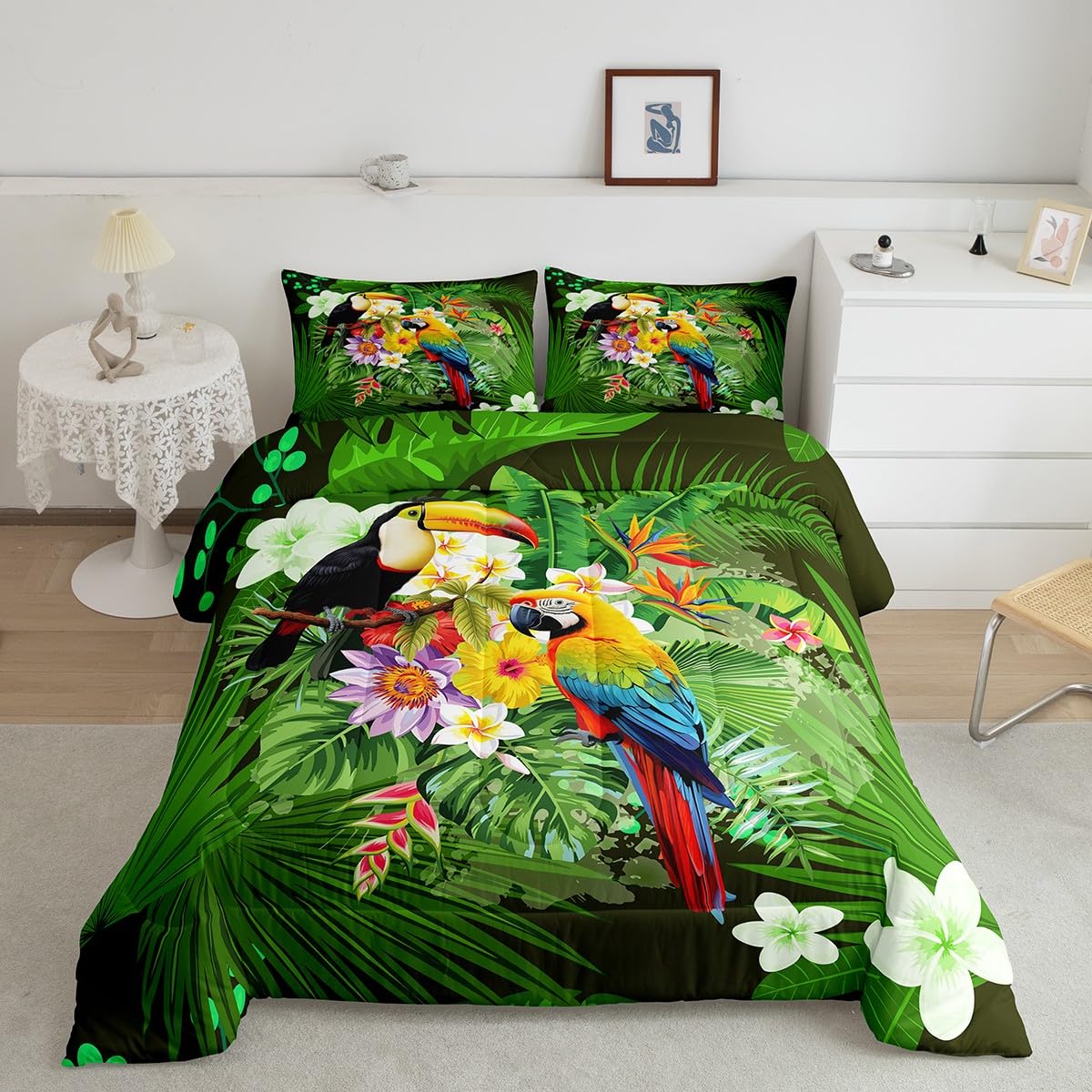 Premium Full Size Toucan Safari Animals Comforter Set - Soft Down Alternative Bedding with 2 Pillowcases - Tropical Jungle Theme - Perfect for Kids' Rooms, Guest Bedrooms & Safari Nursery Decor