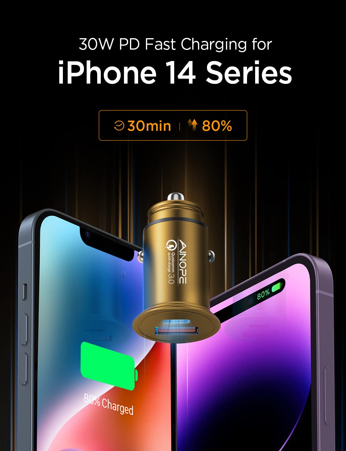 48W Fast Car Charger for iPhone 15 14 13 12 11 Pro Max XS & Samsung S24 S23 S22 S21 S20 - PD3.0 QC3.0 Compatible Gold Metal Mini Charger - Perfect for Road Trips & Daily Commuting