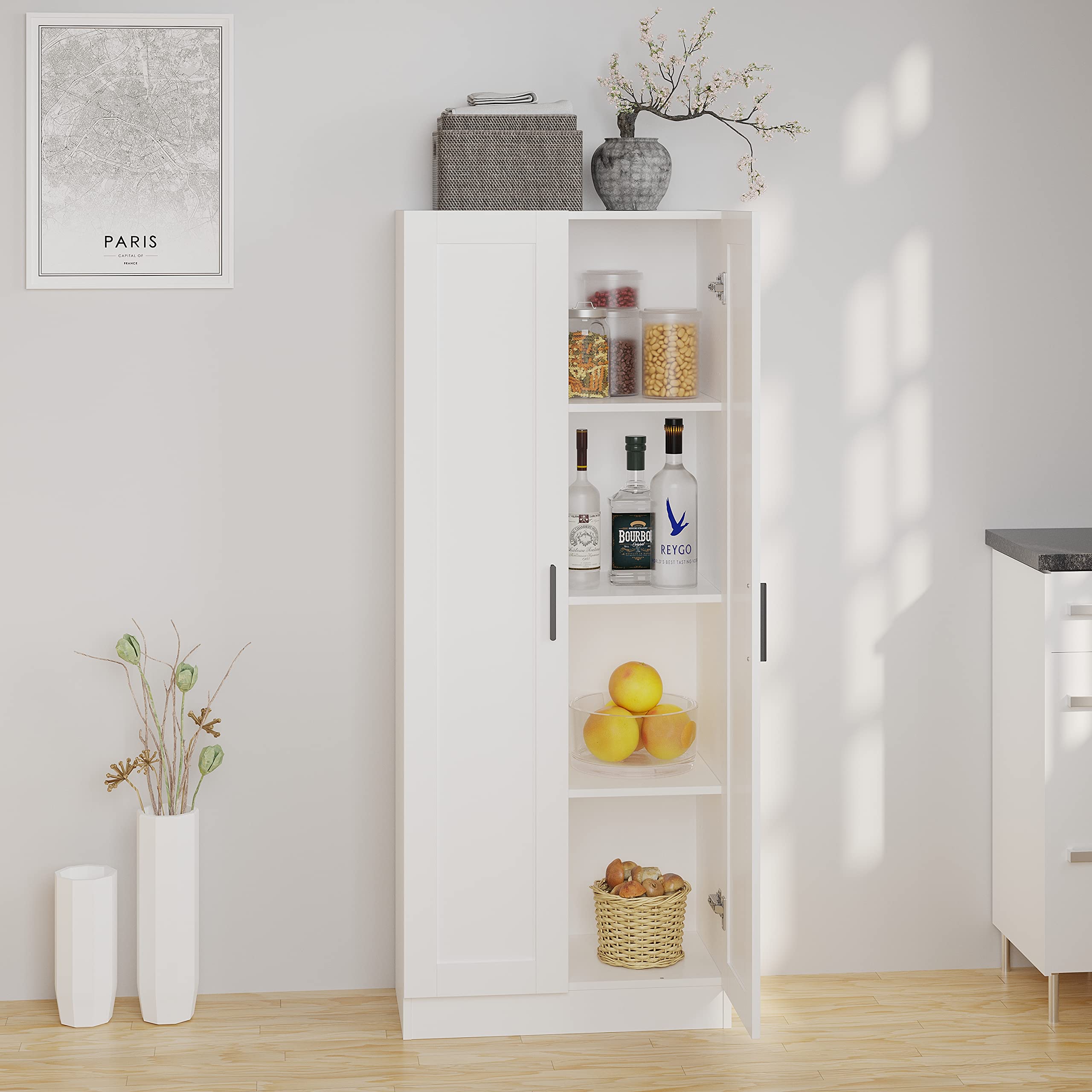 Panana White Wooden Storage Cabinet - 2 Door Narrow Pantry Cabinet with Adjustable Shelves, Freestanding Tall Kitchen Organizer for Spices, Dishes & Pantry Storage - Perfect for Small Spaces & Home Organization