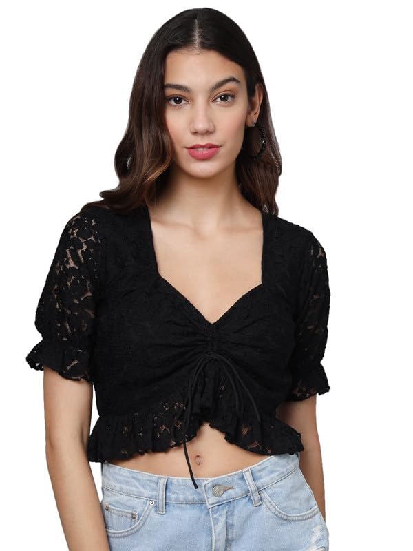 Eavan Women's Black Embroidered Crop Top - Stylish Summer Fashion for Casual Outings & Beach Wear