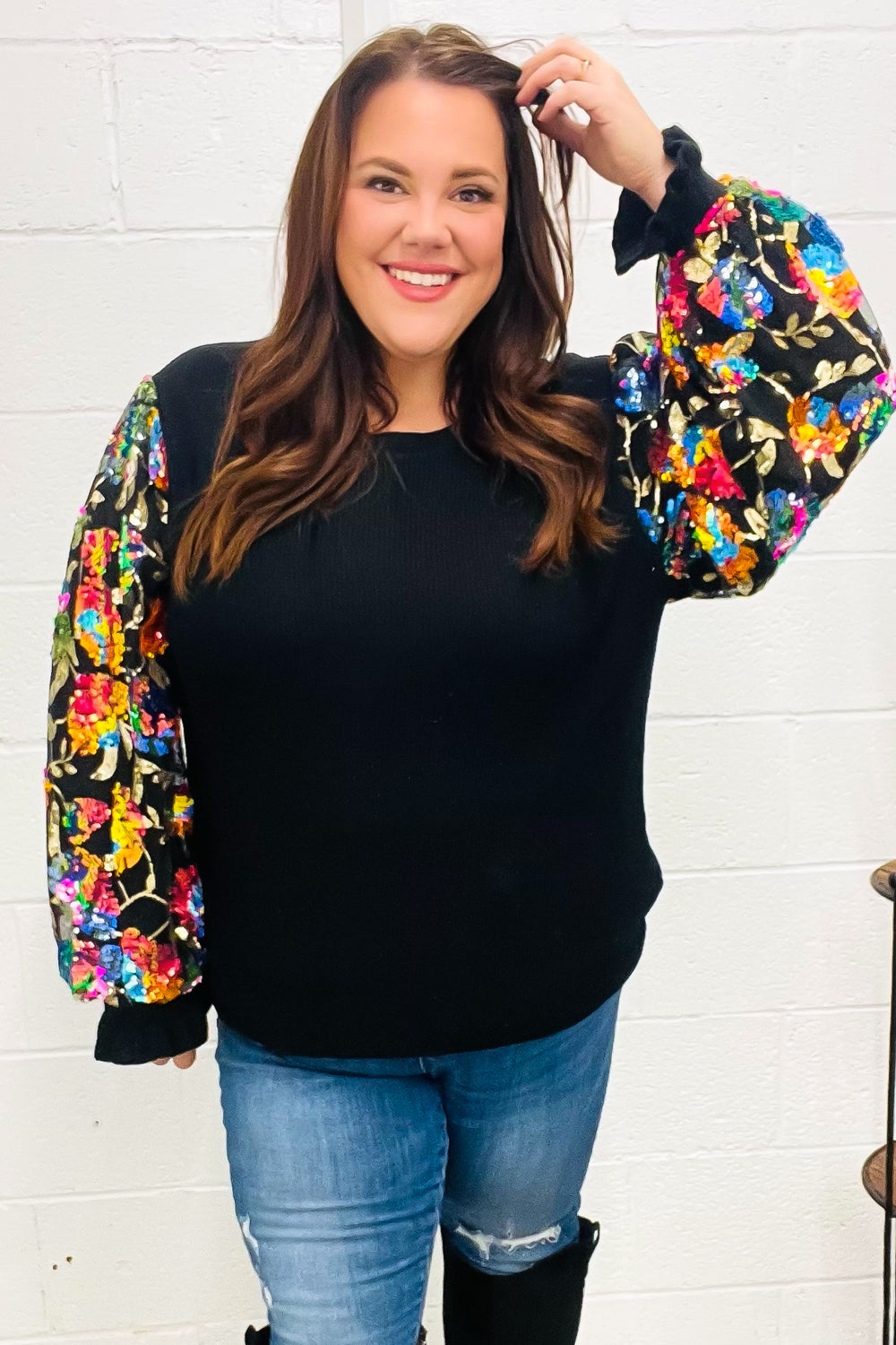 Diva Dreams Black Floral Sequin Mesh Sleeve Rib Knit Top for Women | Elegant Party Blouse | Perfect for Night Out, Date Night & Special Occasions