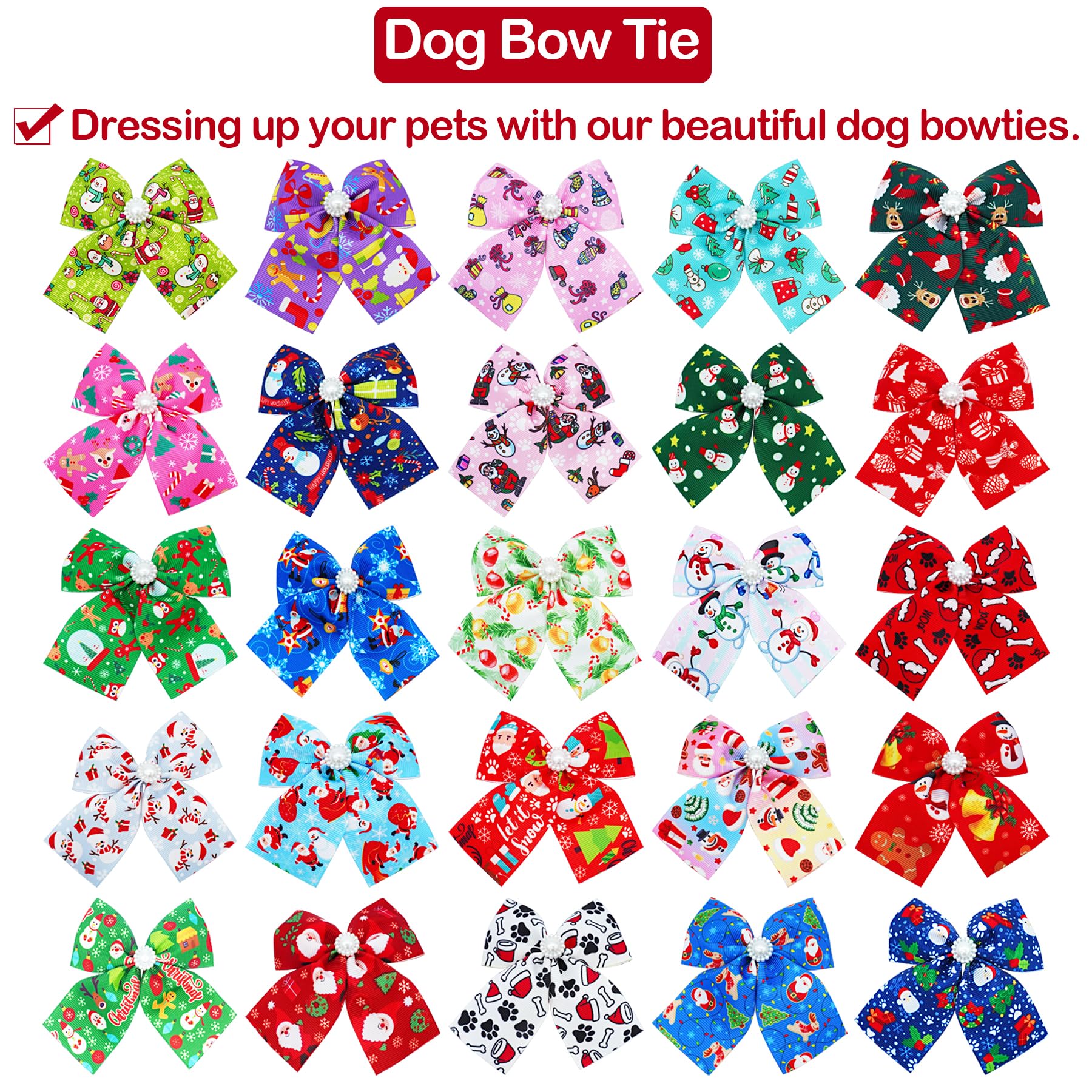 100pcs Christmas Dog Bow Ties Bulk - Adjustable Pet Neckties for Small & Medium Dogs - Holiday Puppy Accessories with Collar Charm & Paw Patterns (25 Styles) - Perfect for Christmas Parties, Pet Grooming & Festive Celebrations