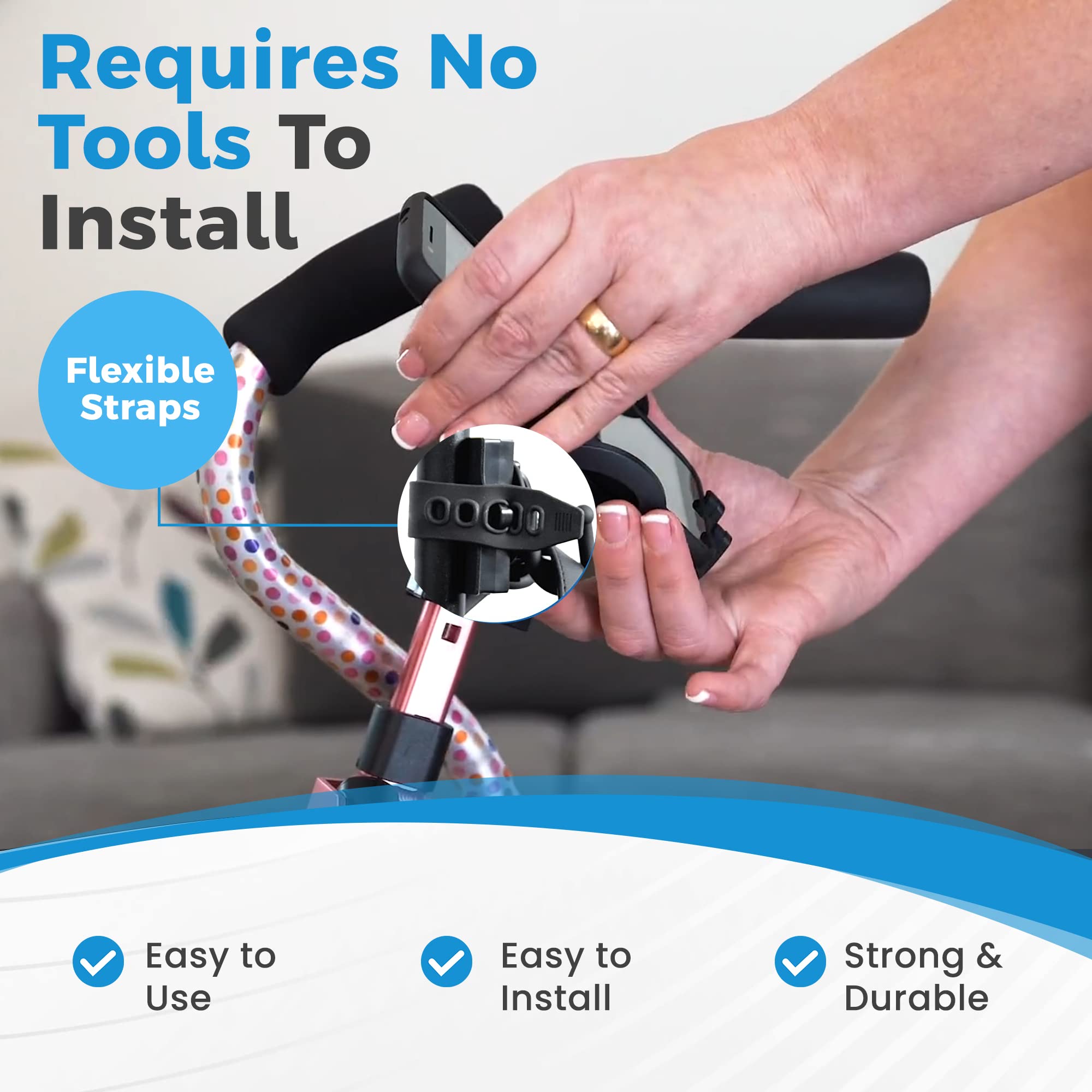 **Mobility Combo Pack - Adjustable Hook, Phone & Cup Holder for Walkers, Wheelchairs & Strollers - Easy Install Stretch Strap Fits 2