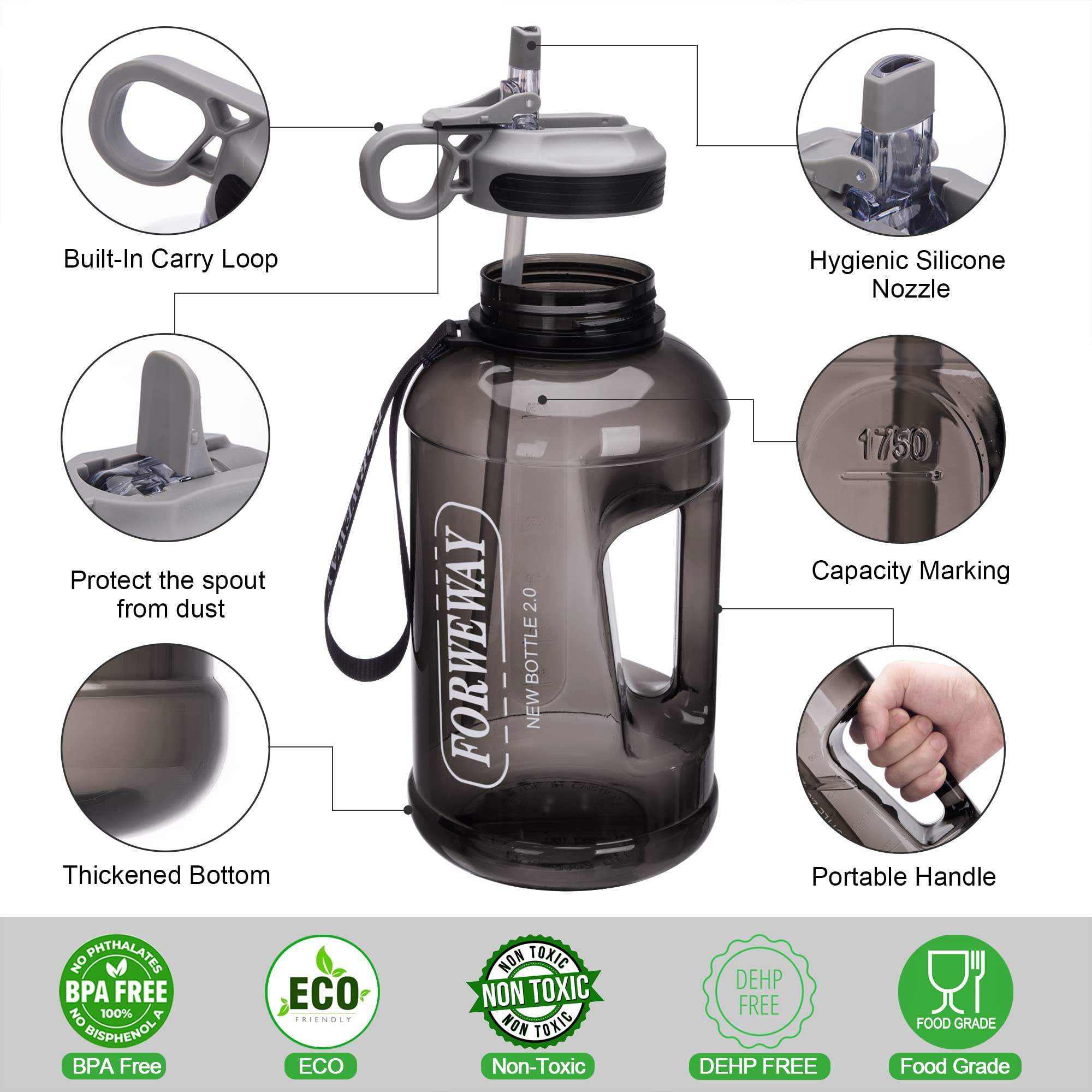 **2.2L (74oz) Large Half Gallon Water Bottle with Straw & Handle - Leakproof, BPA Free Sports Water Jug for Camping, Hiking, Gym & Outdoor Activities (Black)**