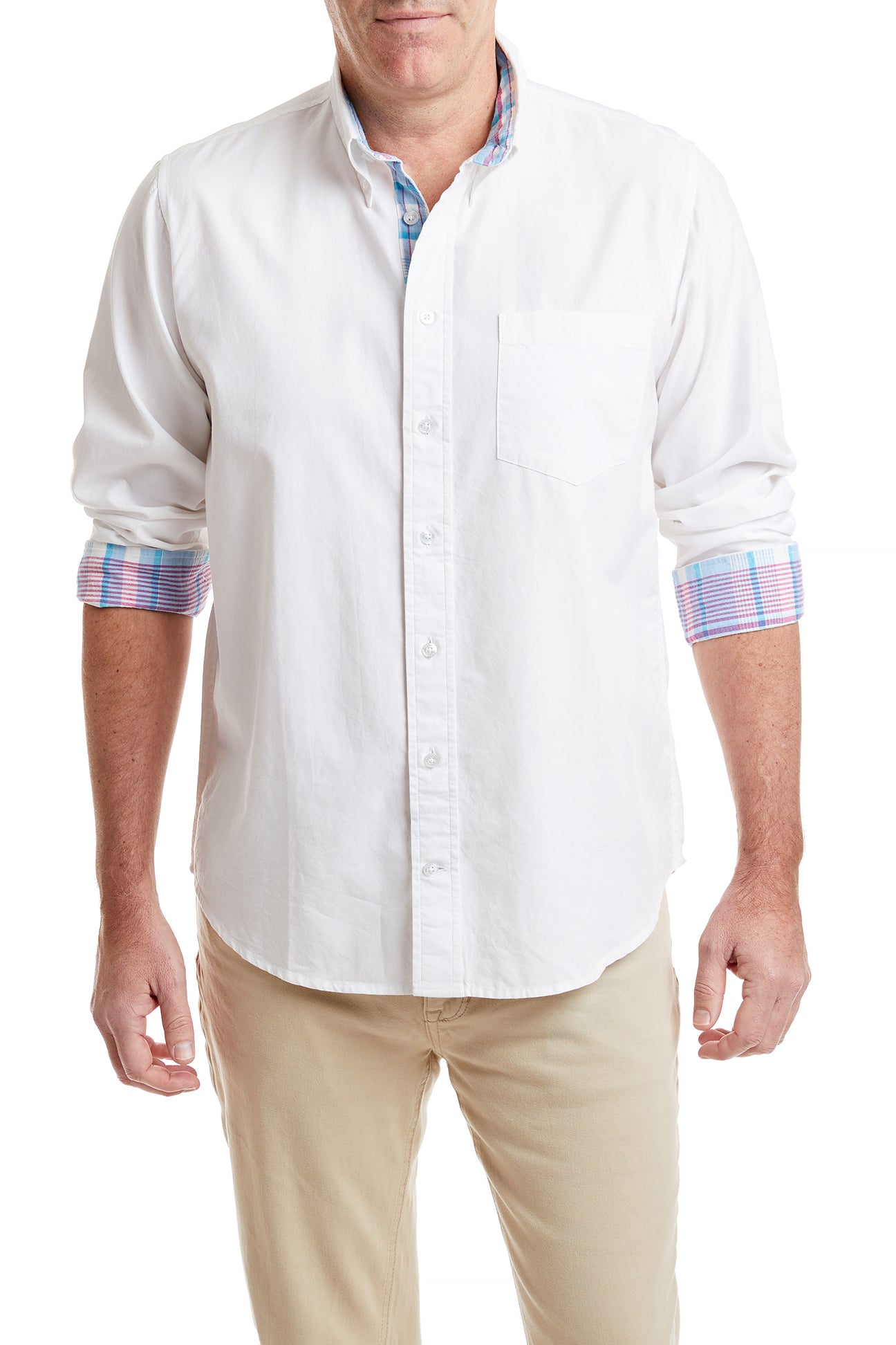 Men's White Oxford Chase Shirt with Bimini Madras Trim - Classic Casual Button Down for Office, Business & Everyday Wear