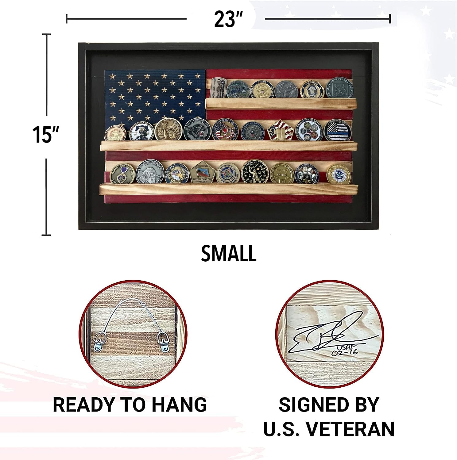 Flags of Valor Framed American Flag Military Challenge Coin Display - Holds 25 Coins, Veteran-Made USA Wall Decor, Ready-to-Hang US Flag (15