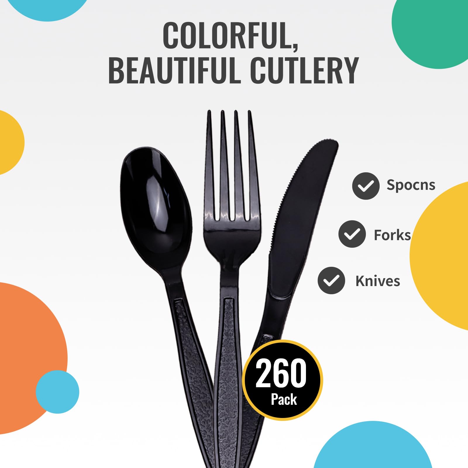 260 PCS Black Disposable Cutlery Set - Durable Plastic Forks Spoons Knives for Wedding Camping Travel