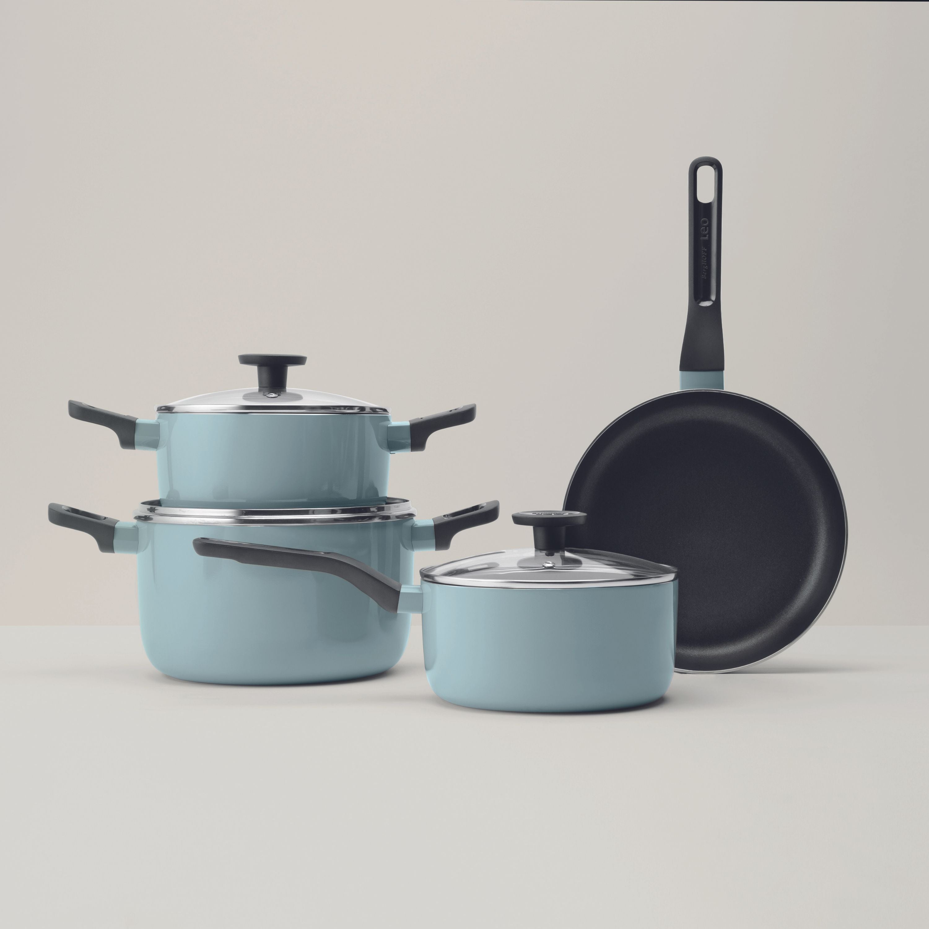 BergHOFF Slate Non-Stick Aluminum 7-Piece Cookware Set with Glass Lids - Durable Pots and Pans for Everyday Cooking, Baking & Frying | Perfect for Gas, Electric & Induction Stovetops