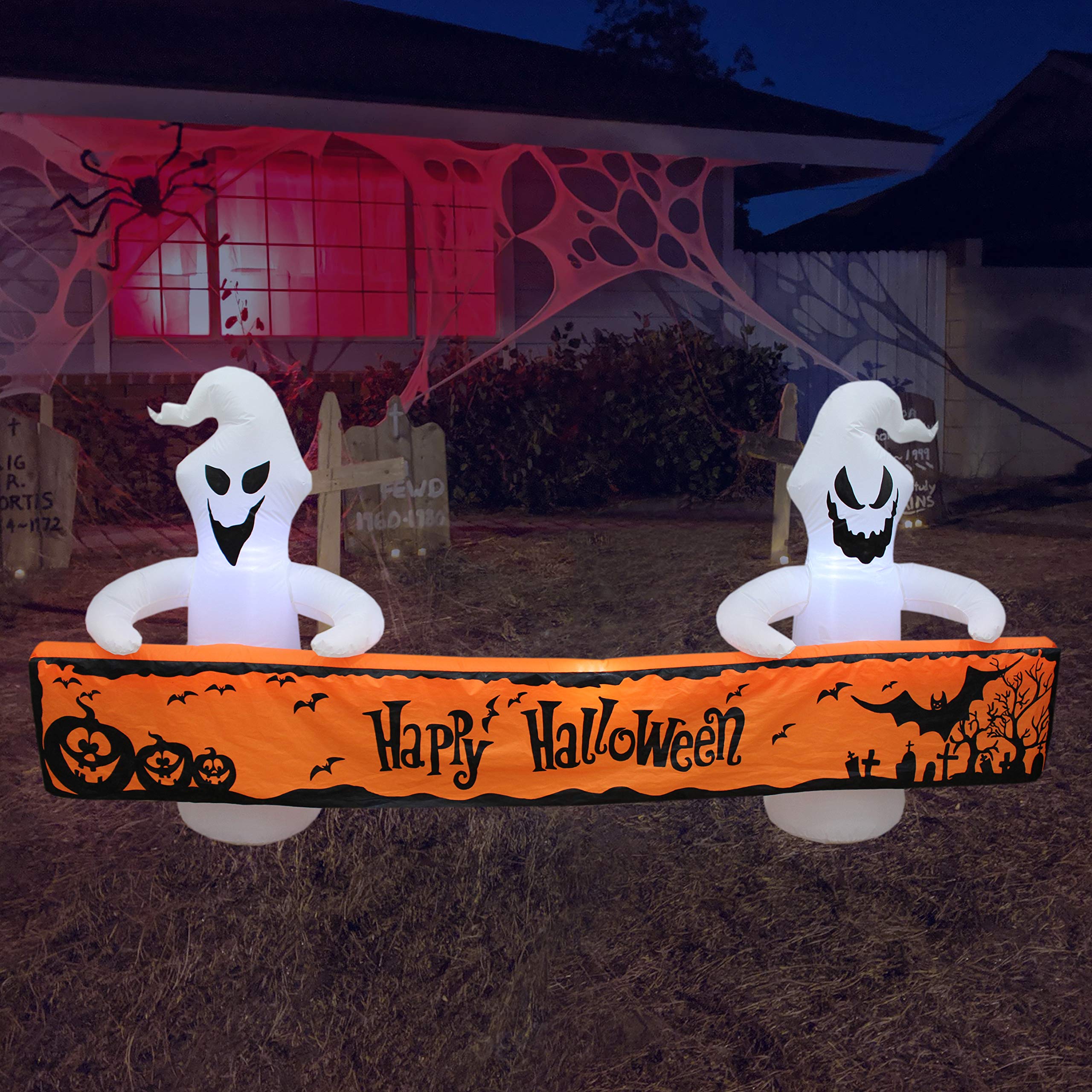 Halloween Party Decorations Bundle - 8ft Lighted Inflatable Ghost with Orange Banner & 11ft Animated Giant Black Cat Blowup for Outdoor Yard Decor | Spooky Halloween Decor for Home, Party, Haunted House