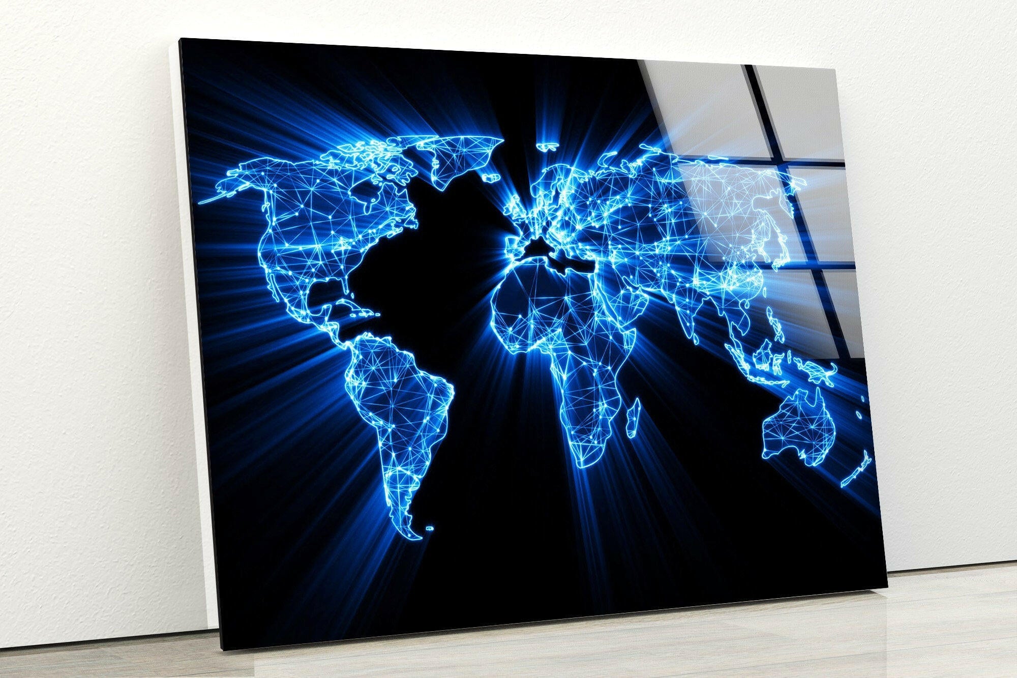 Blue Neon World Map Glass Wall Art - Modern Home Decor for Living Room, Bedroom & Office - Unique Gift Idea for Travel Lovers & Geography Enthusiasts