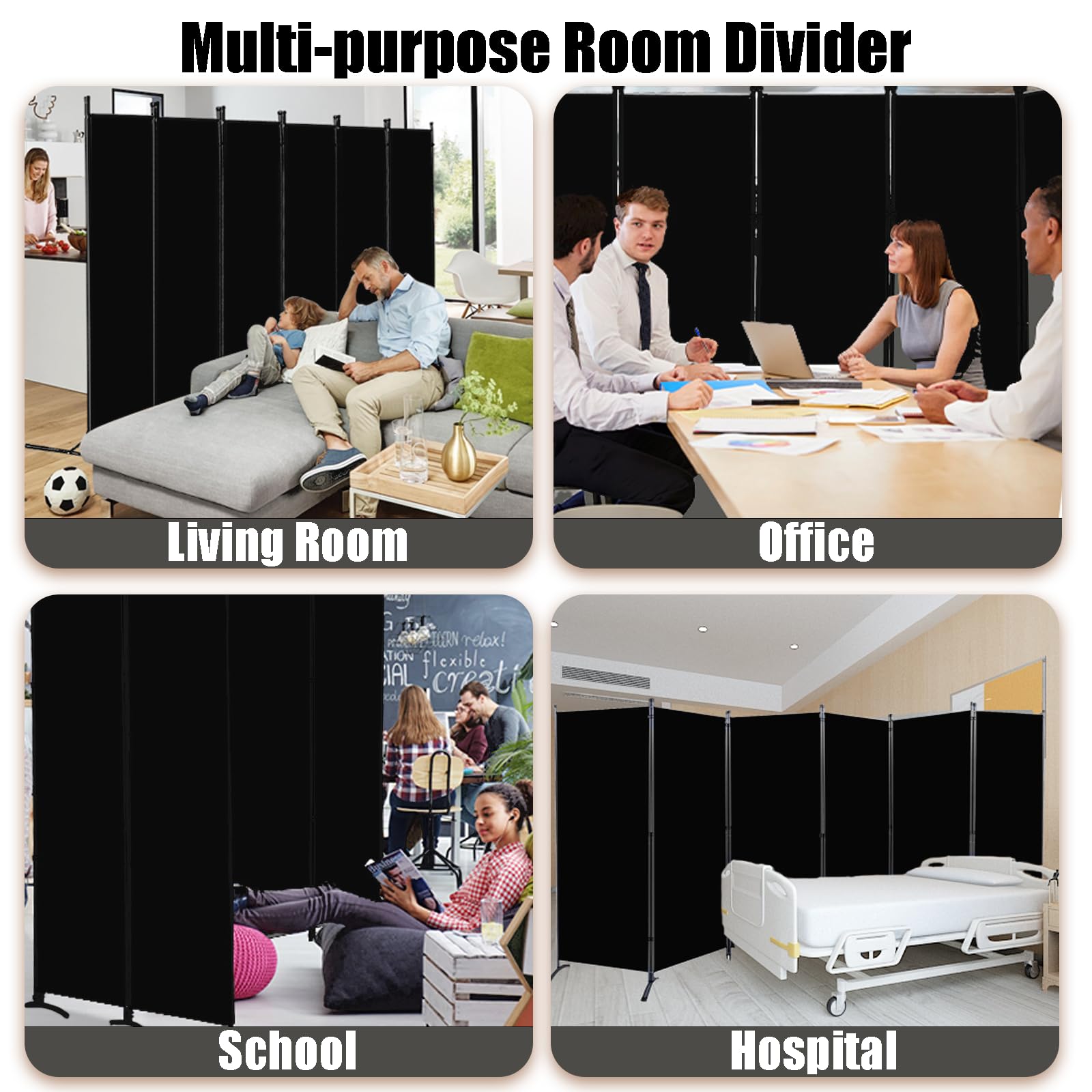 6 Panel Black Folding Room Divider Privacy Screen - 6ft Tall Partition Wall for Home, Office, Classroom & Studio | Space Separation & Privacy Solution for Living Rooms, Bedrooms & Workspaces