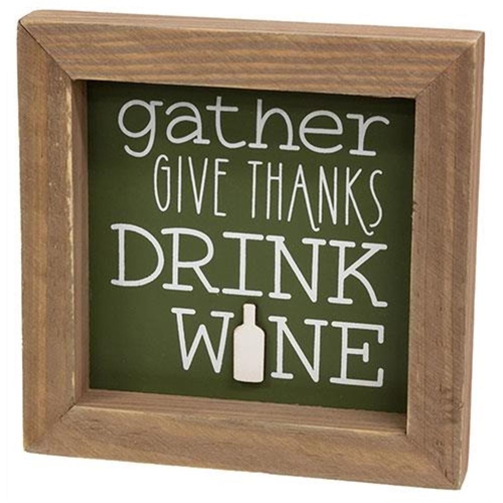 Gather Give Thanks Drink Wine Framed Sign - Rustic Farmhouse Wall Decor for Thanksgiving, Christmas & Home Bar - Perfect for Dining Room, Kitchen & Party Decorations
