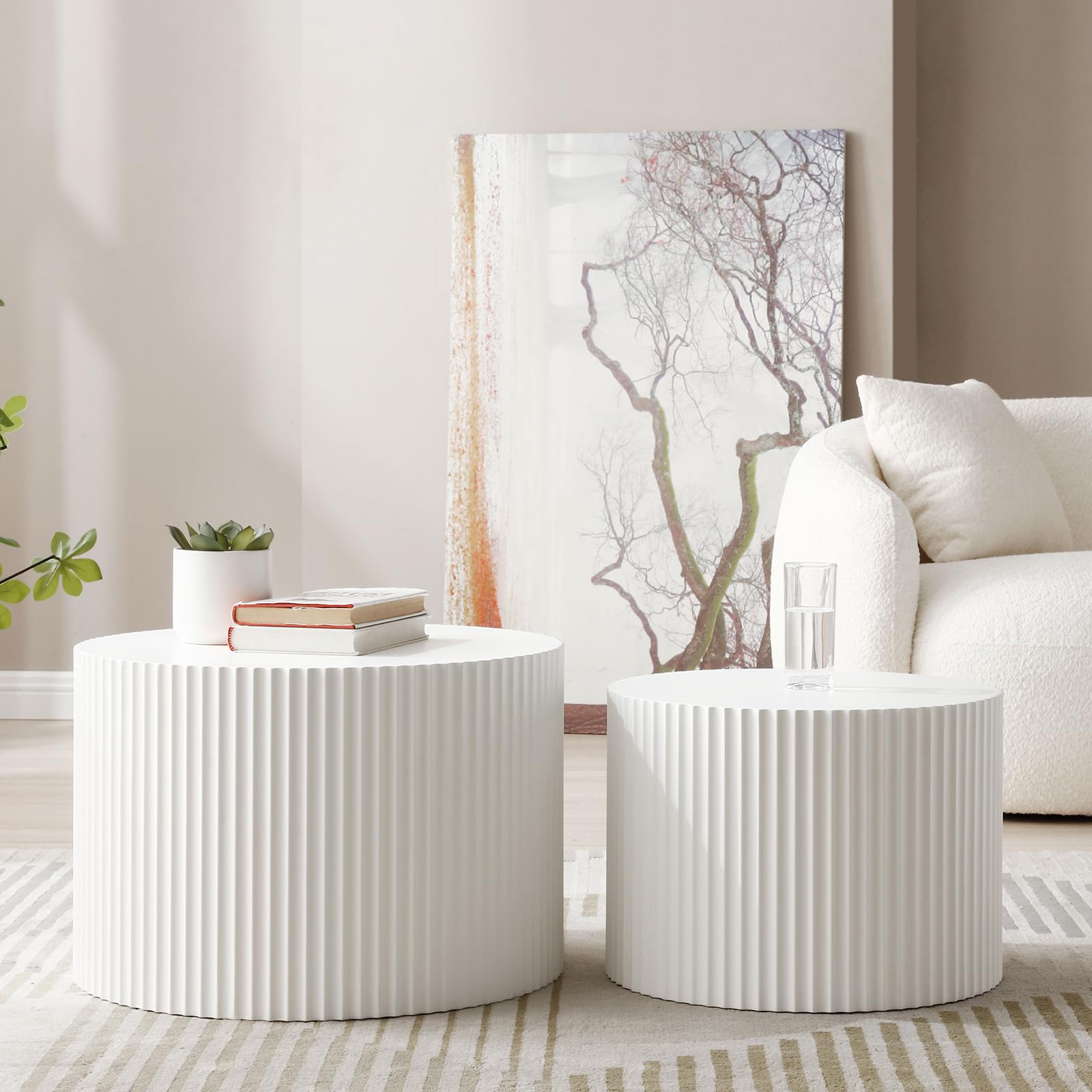 Modern Round Nesting Coffee Table Set of 2 - Handcrafted Wood Drum Side Tables with Embossed Design - White Accent End Tables for Living Room, Bedroom & Office - Perfect for Small Spaces, Coffee Serving & Home Decor