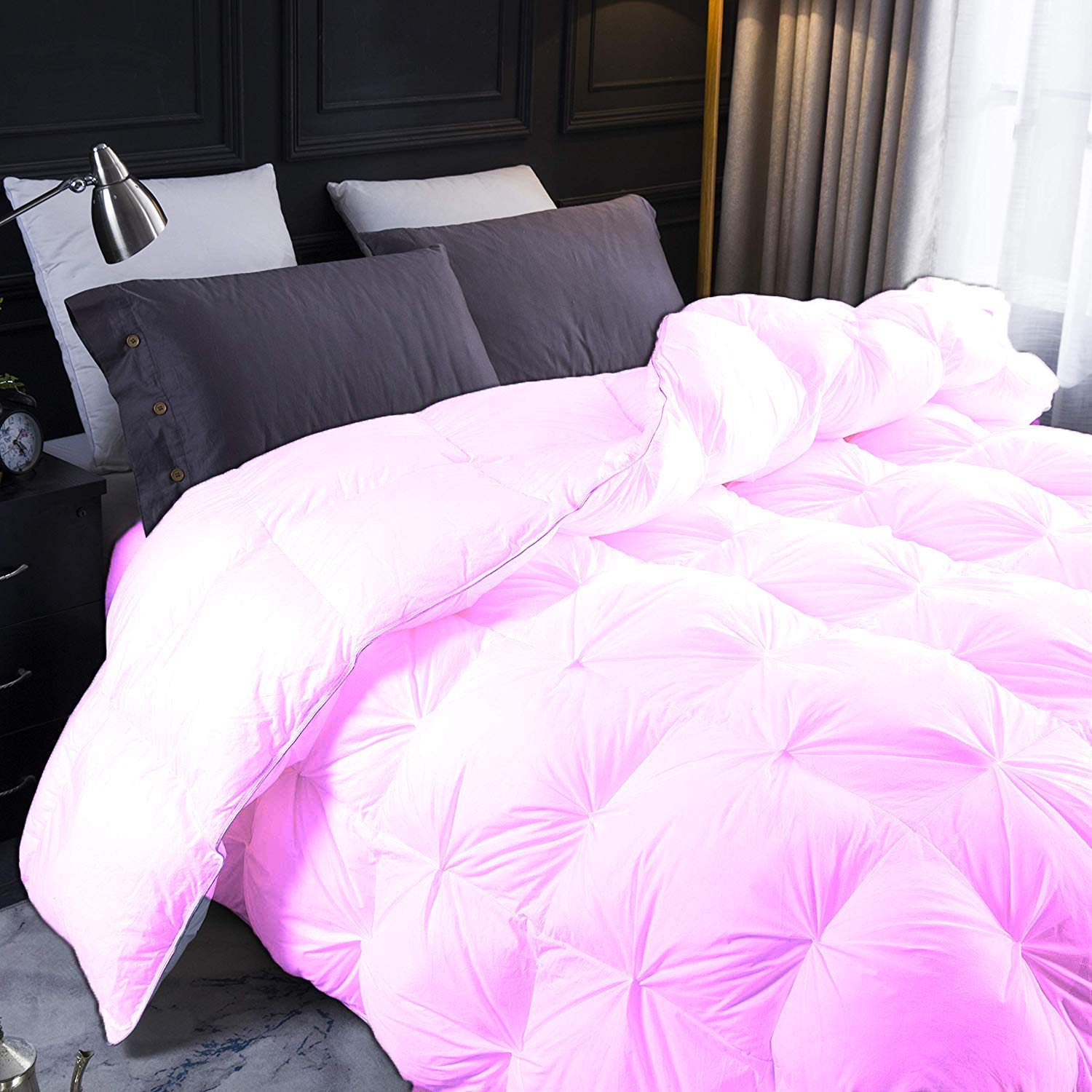 Luxury Pinch Pleated Comforter Set - 500 GSM Cotton Queen Size Bedding with 2 Pillowcases | Pin Tuck Design Alternative | Soft Pink Oversized Comforter (3-Piece Set) for Cozy Bedroom Decor & Guest Room Styling