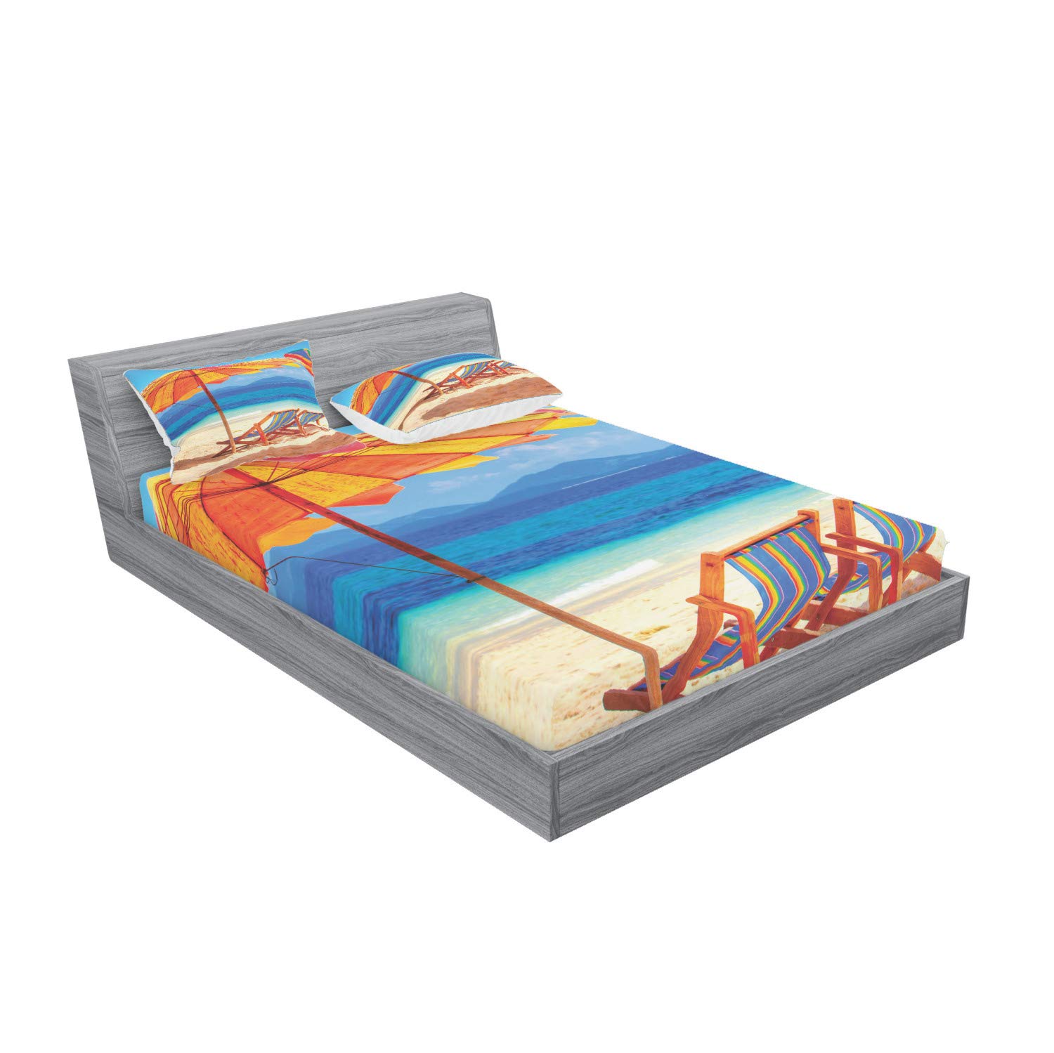 Ambesonne 3-Piece Seaside Bedding Set - Queen Size Fitted Sheet & Pillow Shams with Tropical Beach Print, Orange & Blue Coastal Decor | Perfect for Beach House, Vacation Rental or Tropical-Themed Bedroom Decor