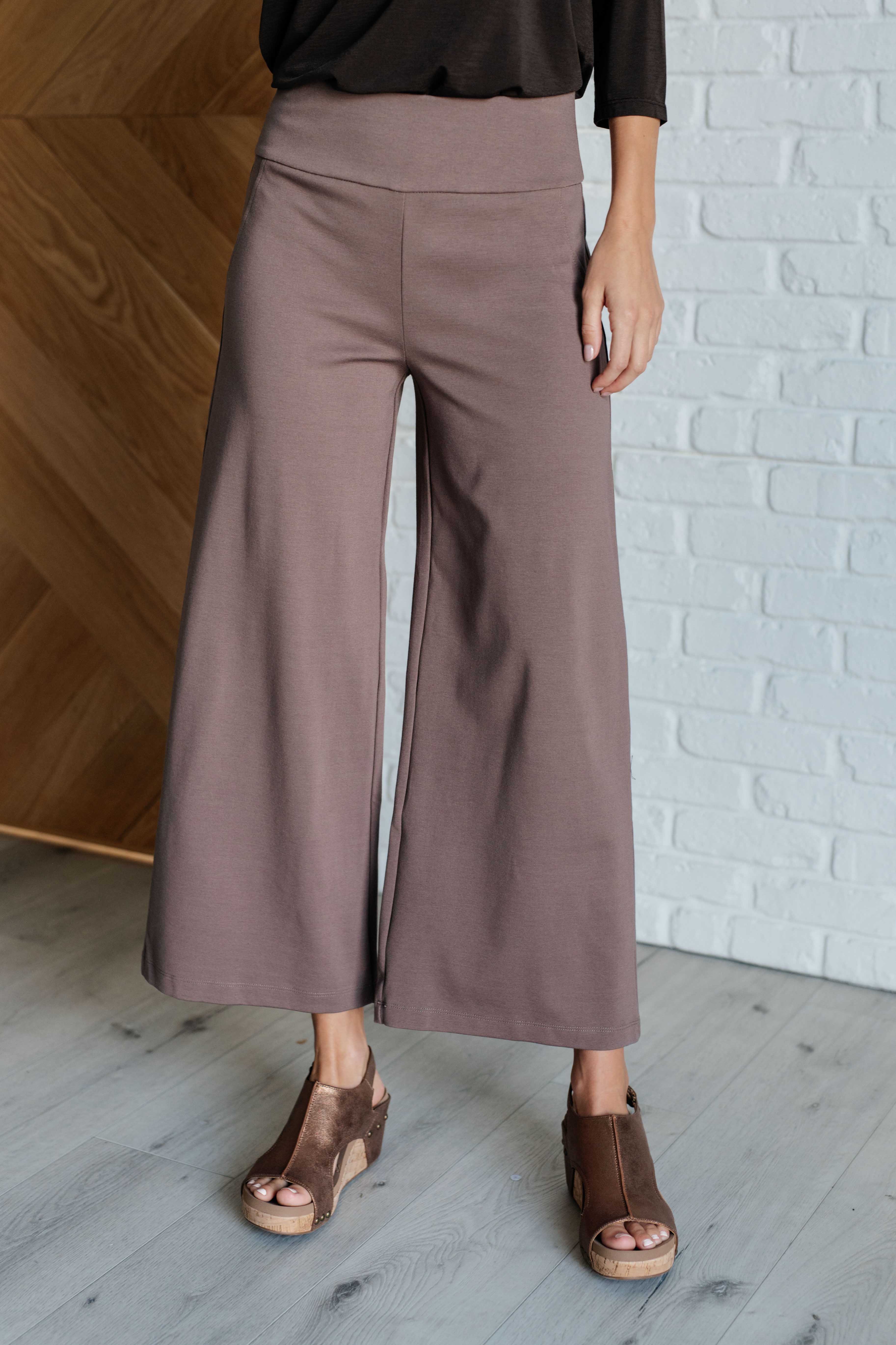 Magic Wide Leg Crop Pants in Dark Mocha - Women's High Waisted Stretchy Lounge Pants for Yoga, Travel & Casual Wear