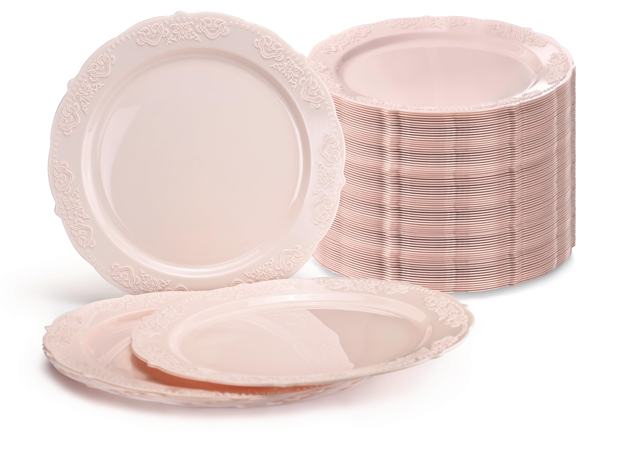 240 Pack Vintage Disposable Plastic Plates for Wedding & Party - 10.25'' Dinner Plates in Light Pink (Portofino Collection) - Perfect for Bridal Showers, Birthday Parties & Outdoor Events