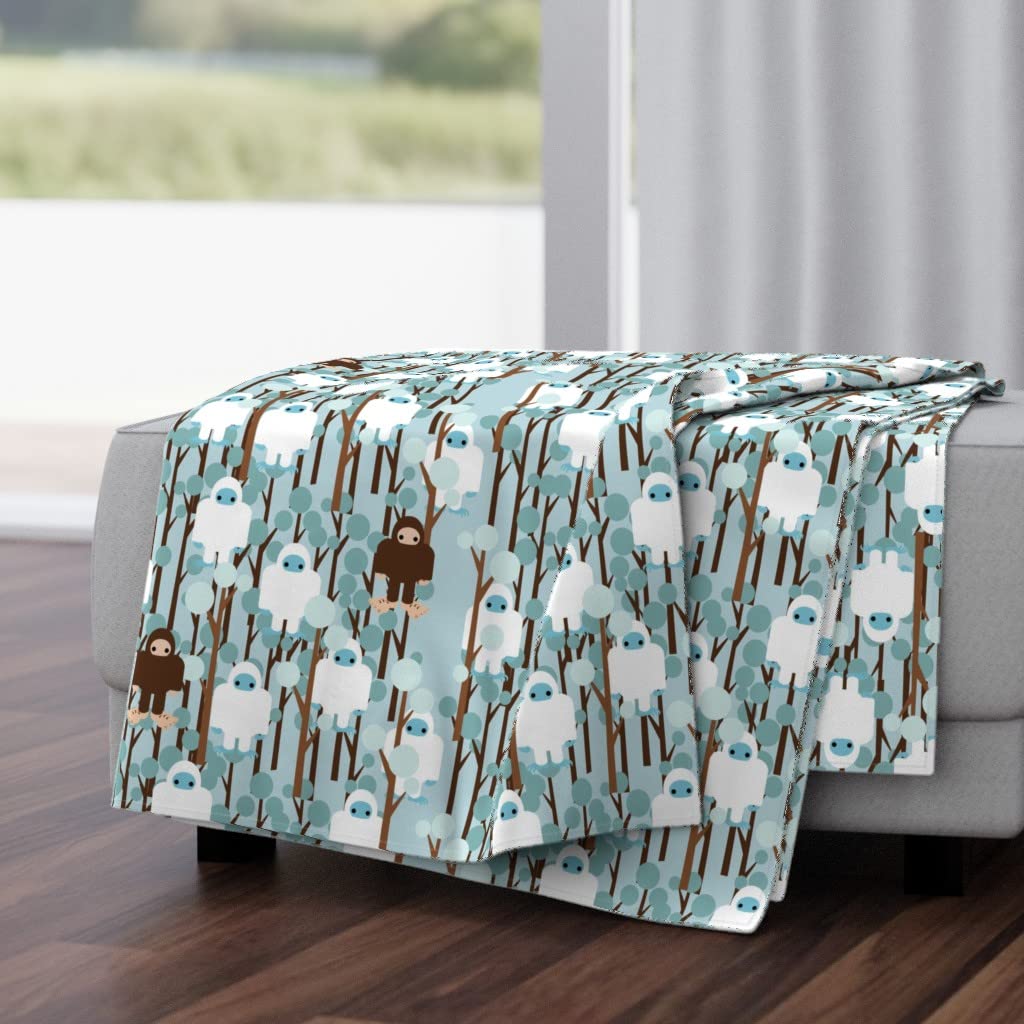 Soft Plush Minky Throw Blanket 50x70 Inches - Whimsical Forest Bigfoot Sasquatch Snowman Trees Blue Nature Design | Cozy Couch, Bed & Home Decor Gift