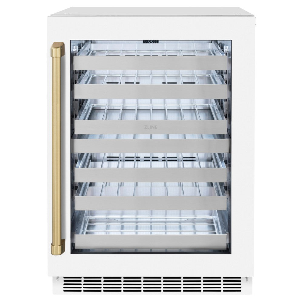 ZLINE Autograph Edition 24 Inch Dual Zone Wine Cooler - 44 Bottle Capacity, White Matte Glass Door & Champagne Bronze Handle - Perfect for Home Bars, Restaurants, and Wine Cellars (RWDOZ WM 24 CB)